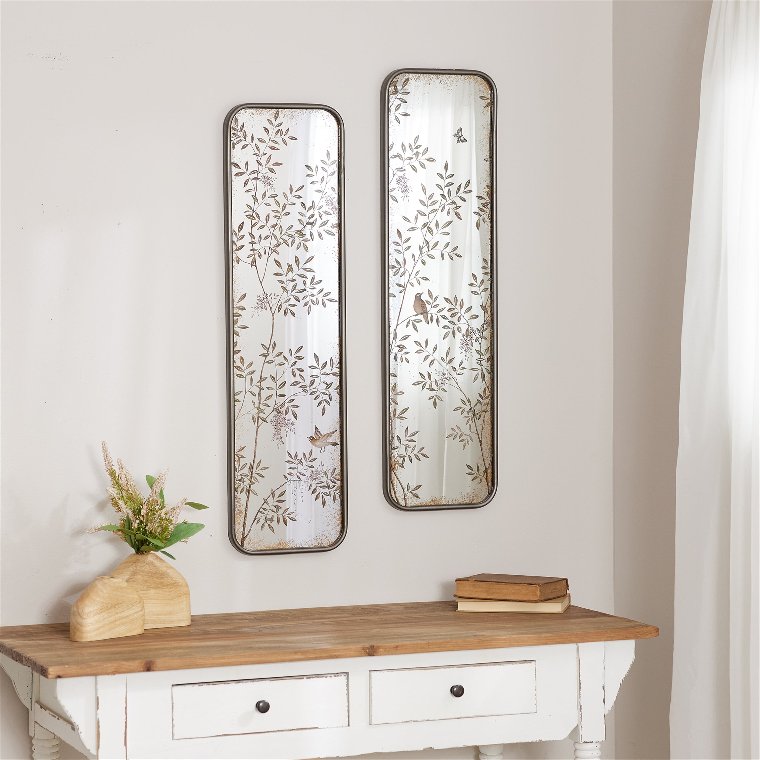 Wall Mirror with Bird and Floral Foliage Print, Set of 2