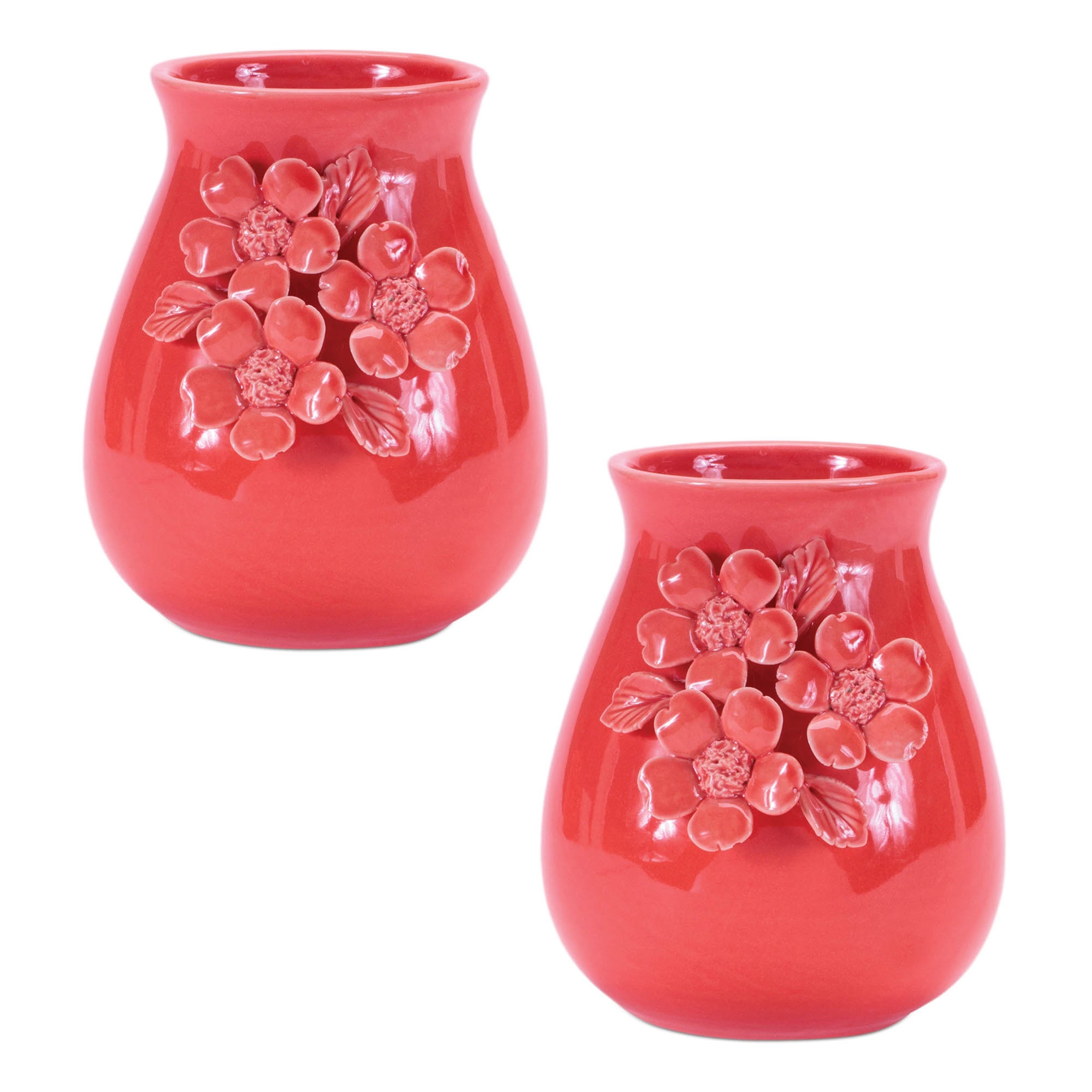 Red Storeware Vase with Floral Accent, Set of 2