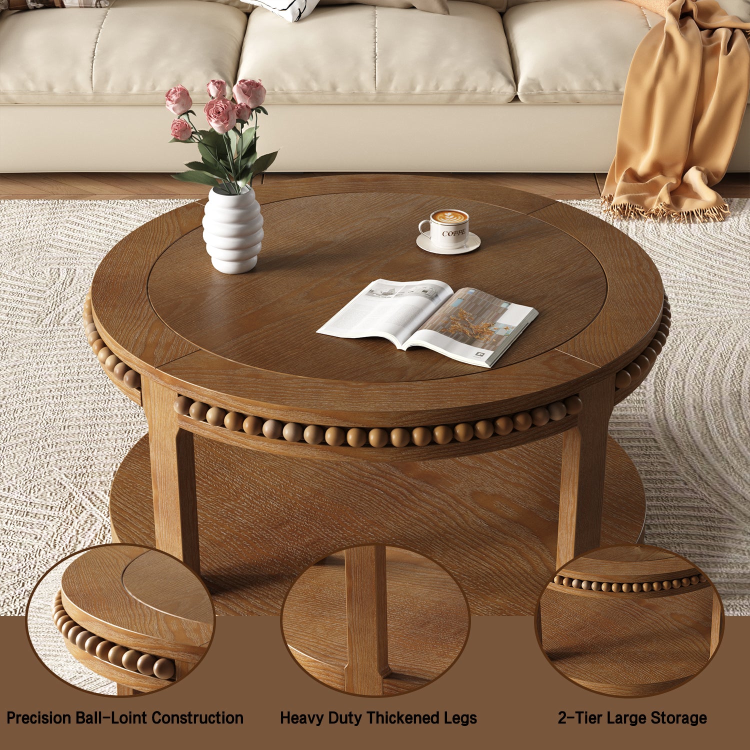 Round Solid Wood Coffee Table with Beaded Accent Edge