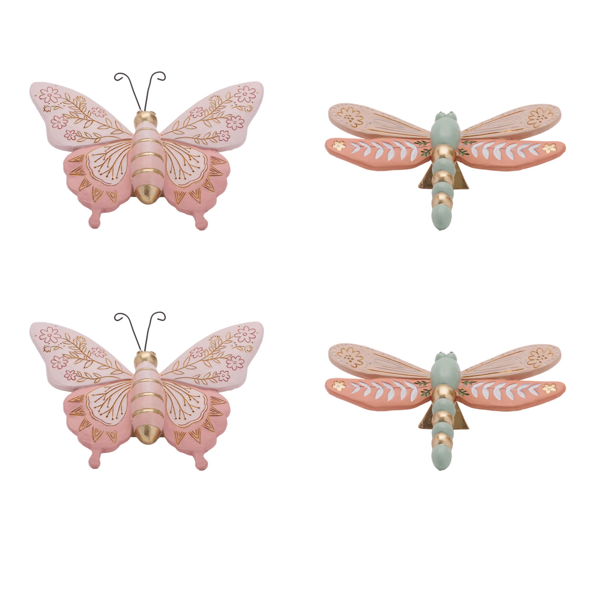 Floral Etched Butterfly and Dragonly Shelf Sitter, Set of 4