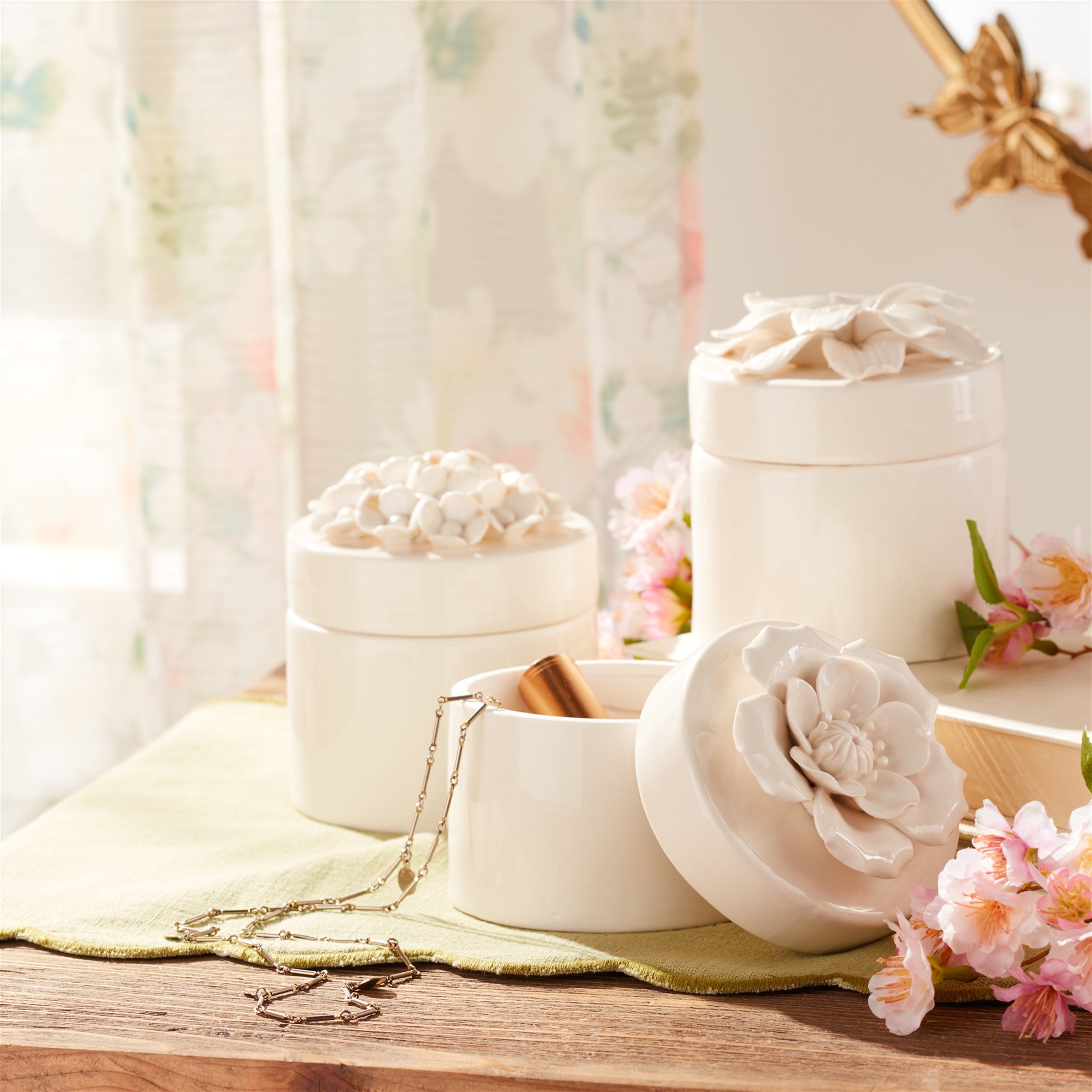 Stoneware Box with Floral Lid Accent, Set of 3