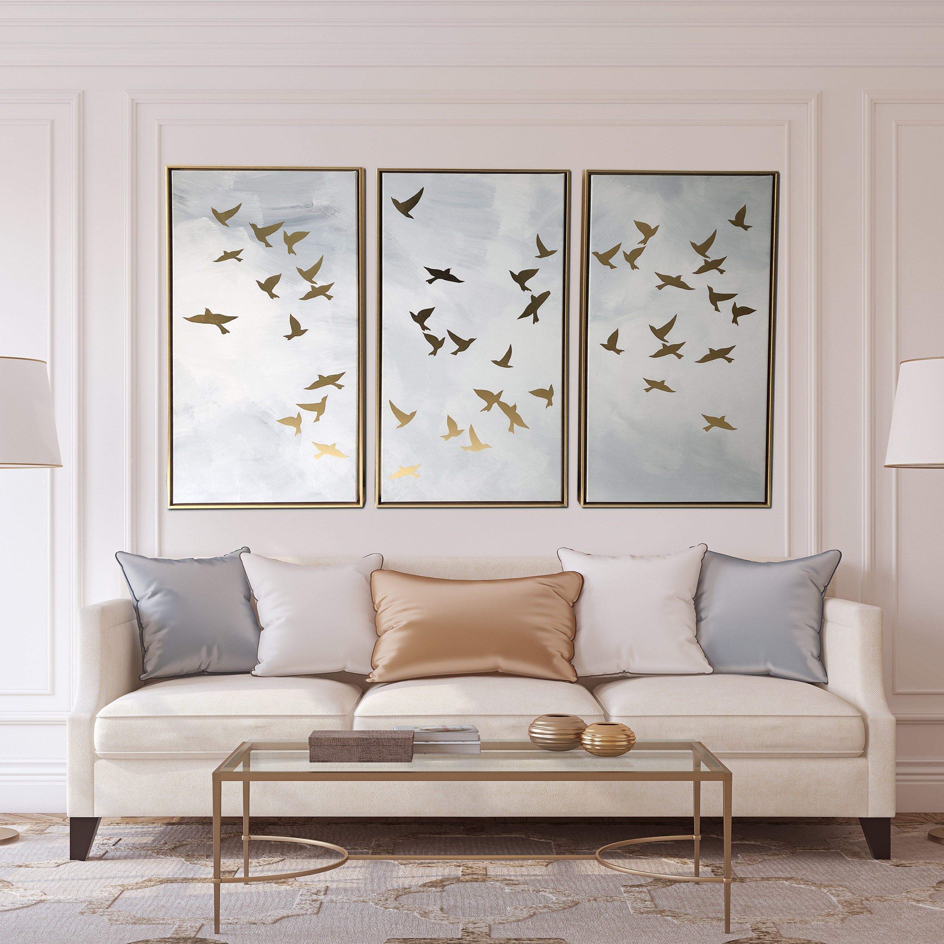 Golden Birds 3-Piece Set Print on Gold Floating Framed Canvas Wall Art, 48"x30"