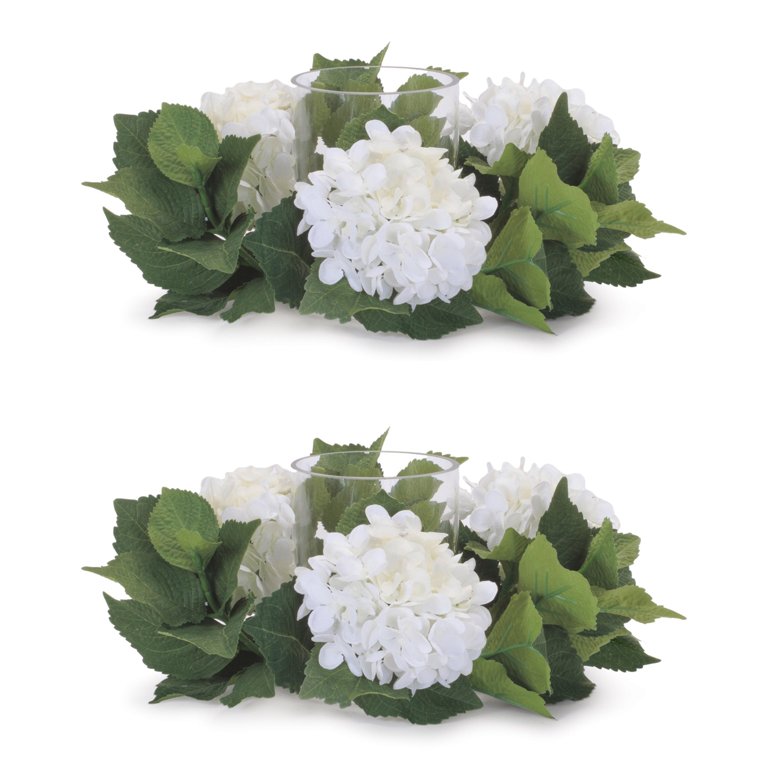 Hydrangea Candle Ring with Glass Hurricane, Set of 2