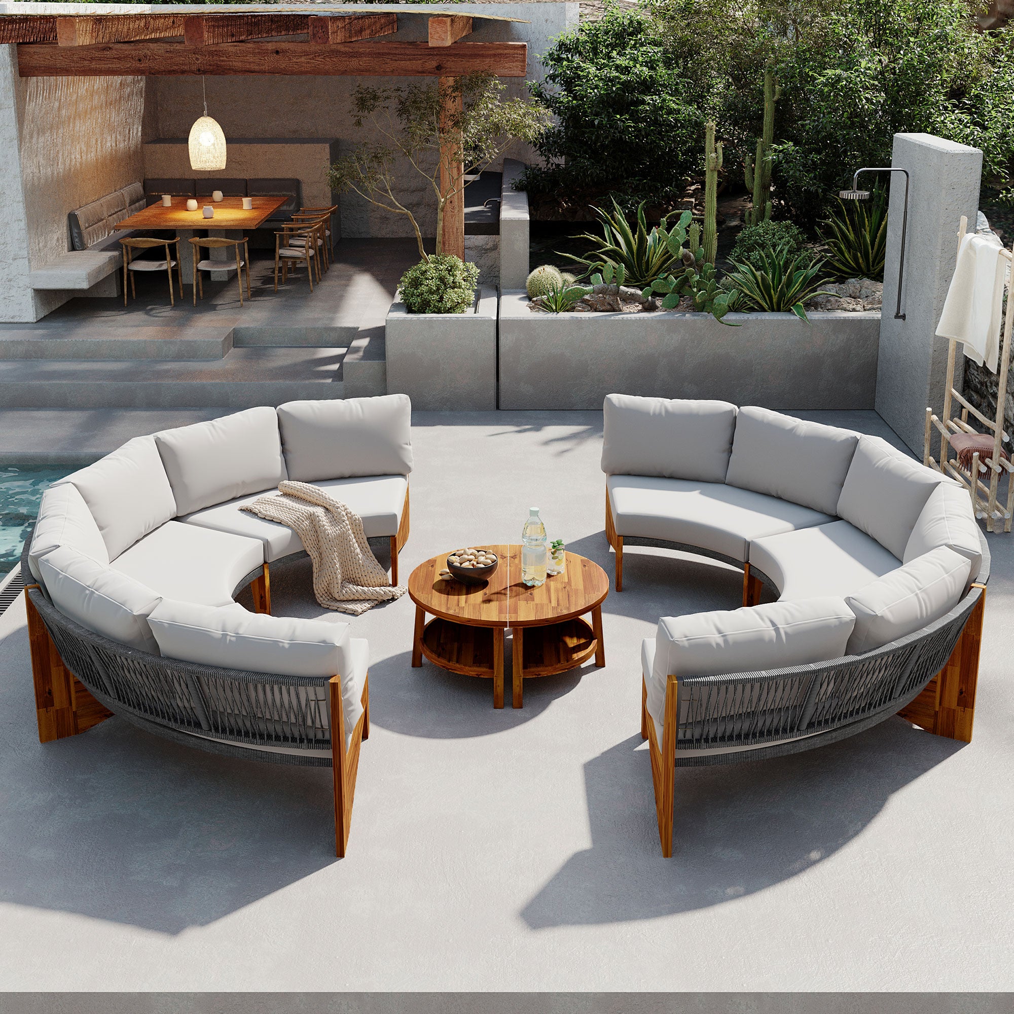 U_Style 3-Piece Outdoor Sofa Set for 6, 2 Semi-Circle Sofas + Acacia Wood Coffee Table, Weather-Resistant Patio Couch Set, Comfortable Garden & Backyard Furniture(old sku:WY000428AAA)