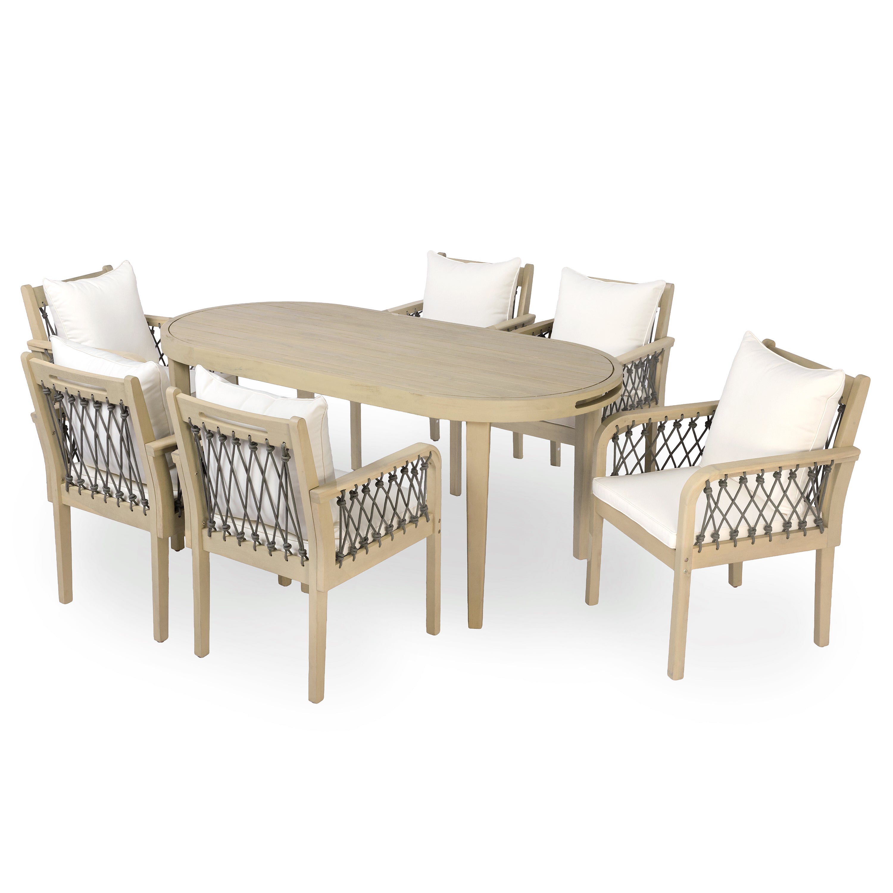 7-Piece Outdoor Acacia Wood Dining Set with Rope-Woven Armchairs, Weather-Resistant Patio Table & Chairs with Cushions,Light teak+Dark grey rope+Cream Beige cushion