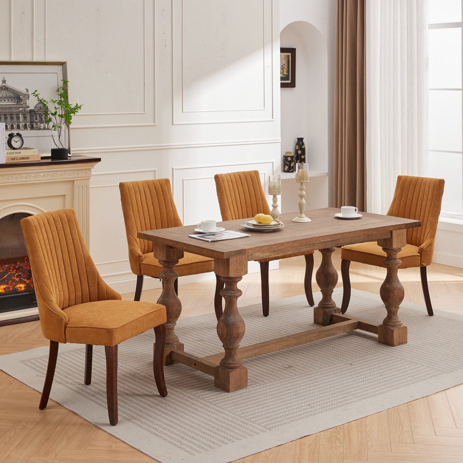 Rayon Cloth Flocking Linen Dining Chairs Channel Kitchen Dinner Chair Comfy Fabric Upholstered Accent Chair for Dining Room with Curved Solid Wood Legs,Set of 2 (Gold), SW1847GL