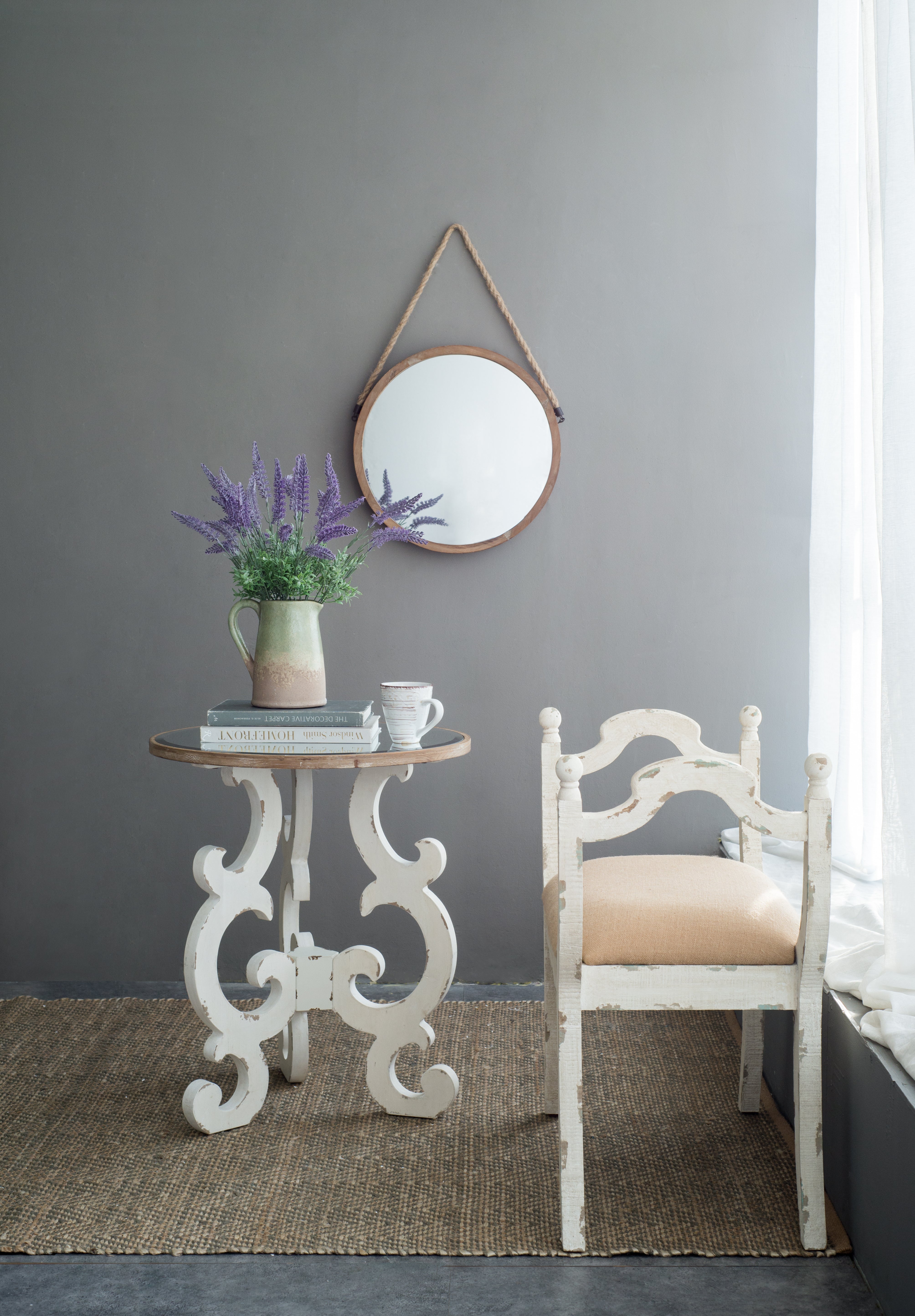 Round Wall Mirror with Jute Handle and Wood Frame
