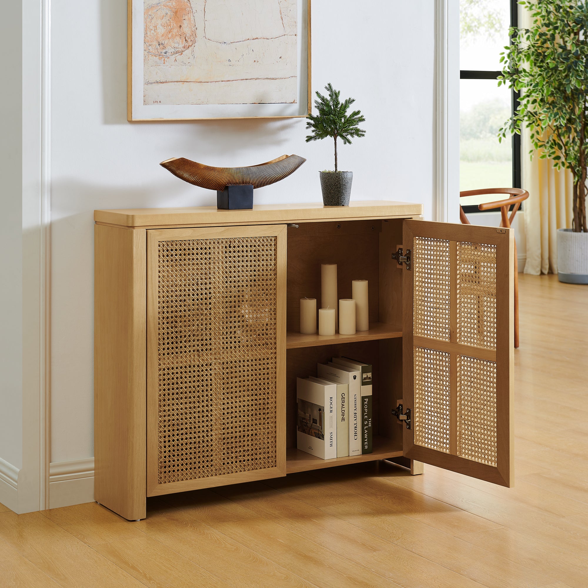 Mid-Century Modern Rattan Accent Storage Cabinet
