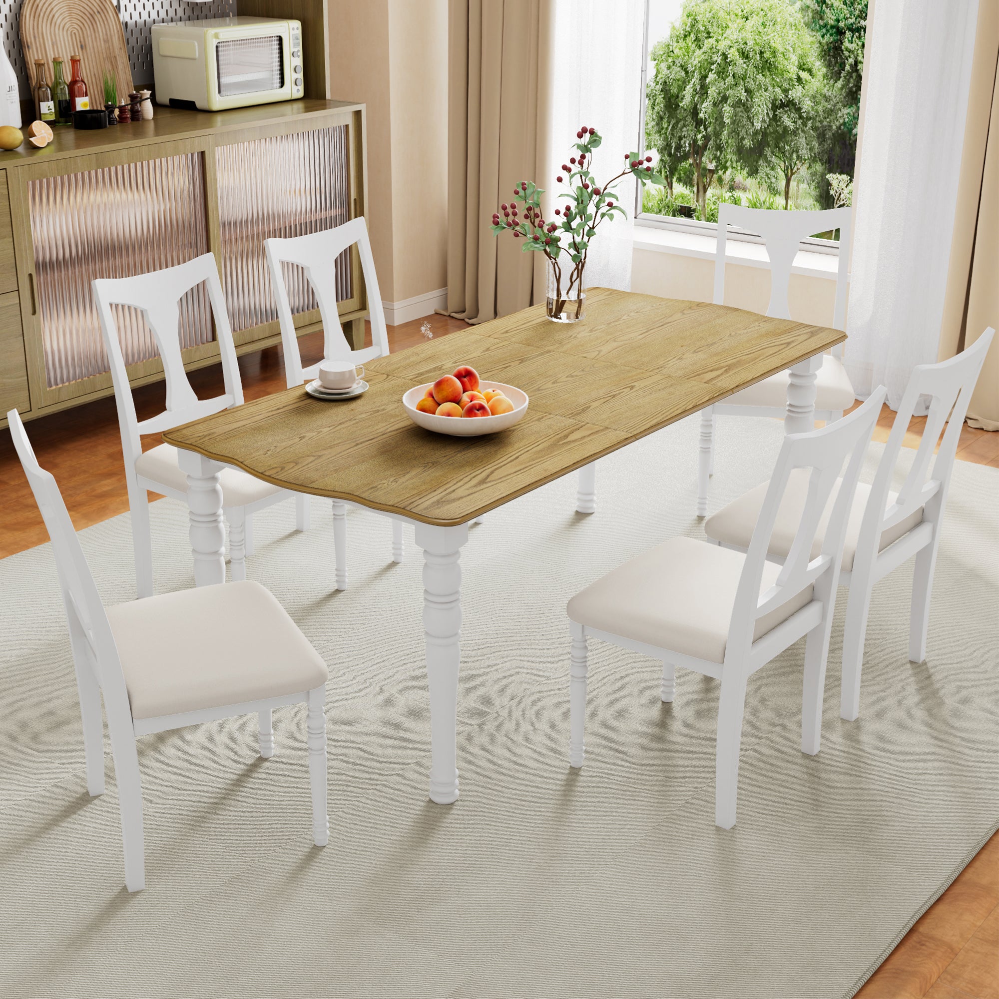 Rustic Farmhouse 7 Piece Dining Set with Turned Leg Extendable Dining Table