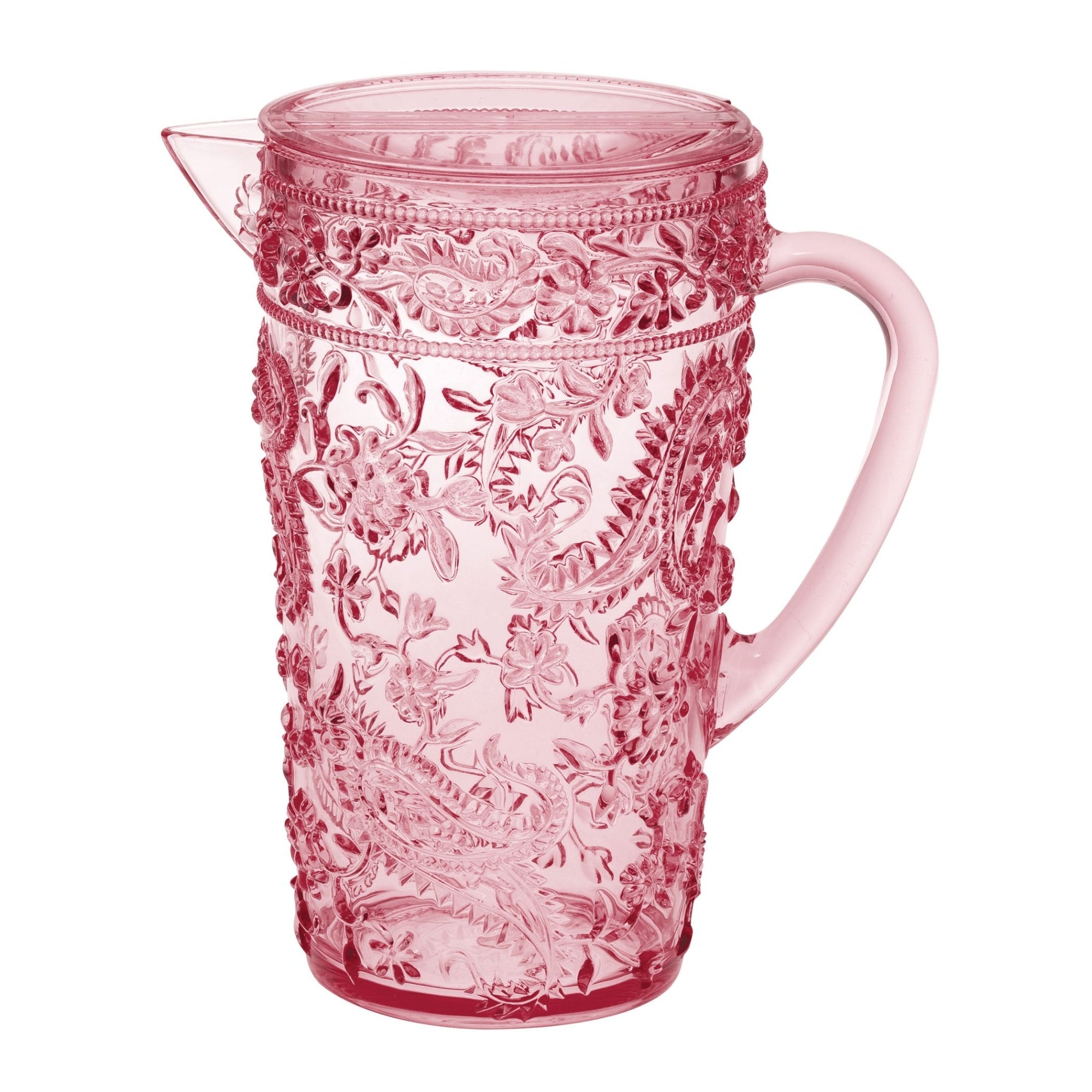 Paisley Unbreakable Plastic Water Pitcher with Lid and Spout, 2.5 Quarts, BPA Free, Pink Acrylic
