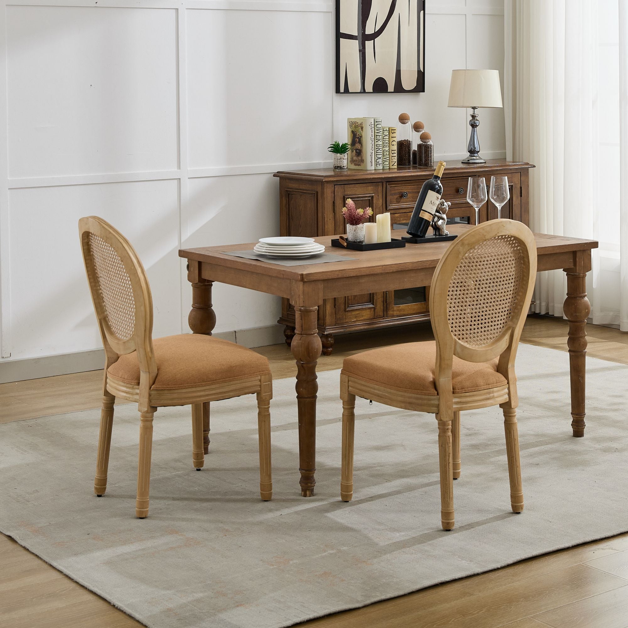 French Country Dining Chairs with Round Rattan Backrest, Set of 2