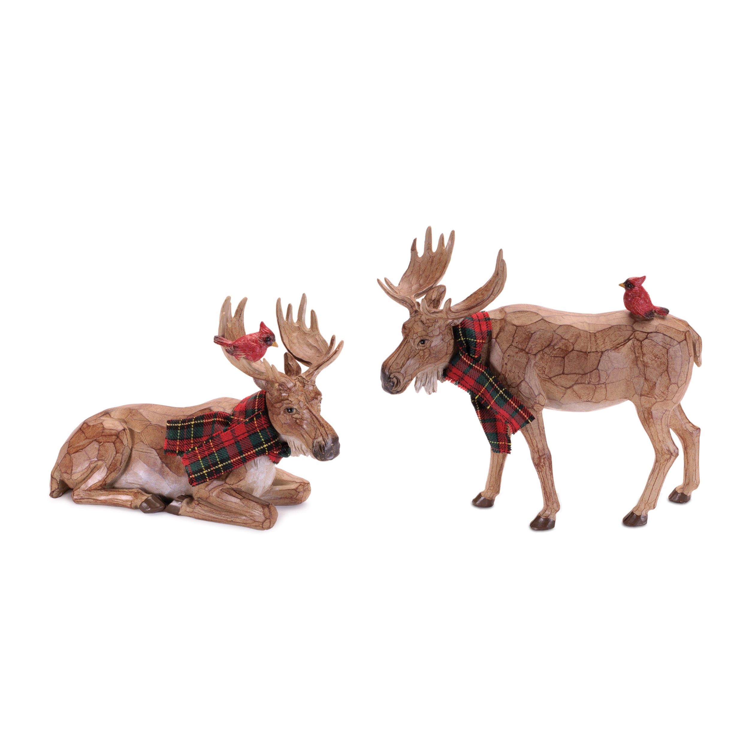 Carved Moose with Scarf and Cardinal Birds, Set of 2