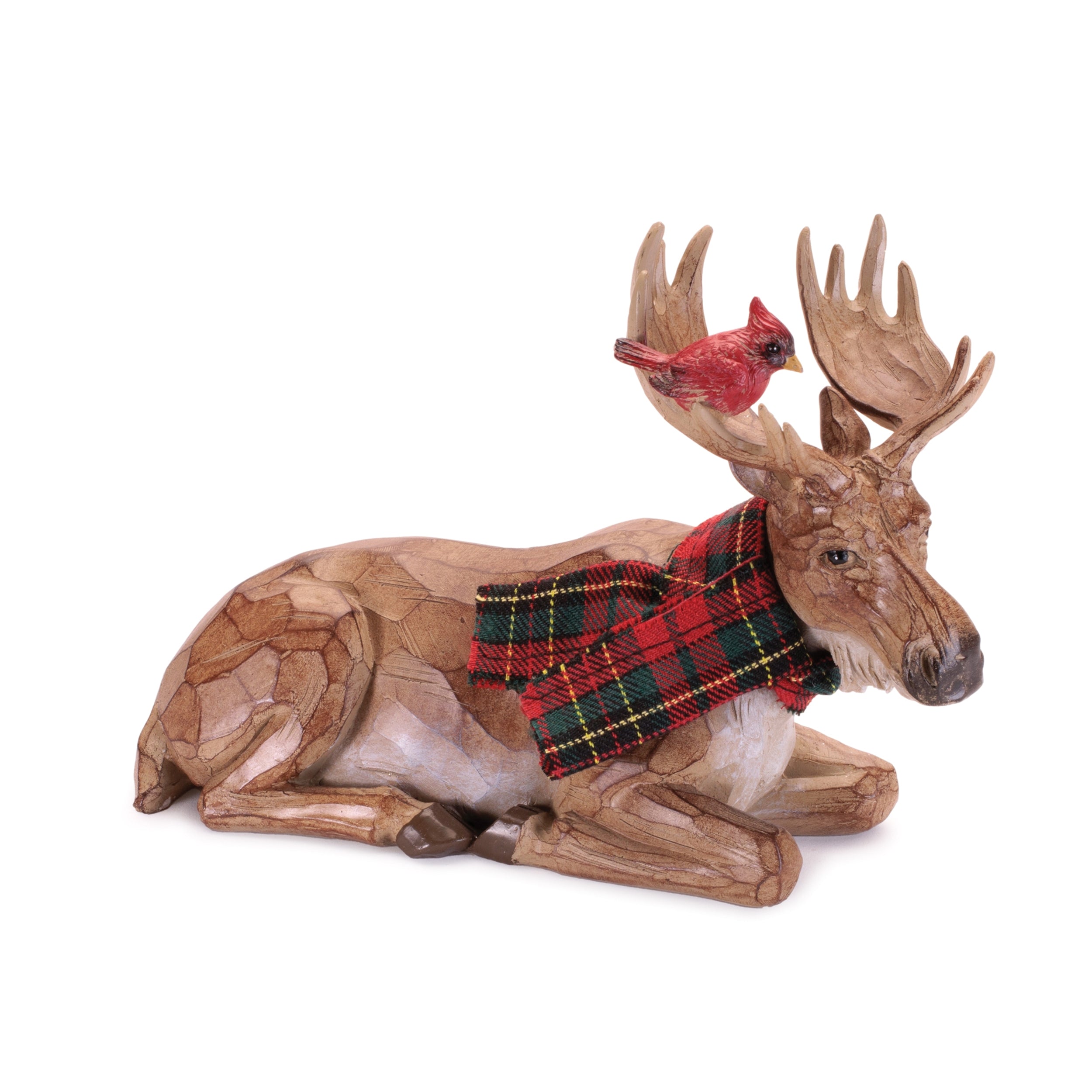 Carved Moose with Scarf and Cardinal Birds, Set of 2
