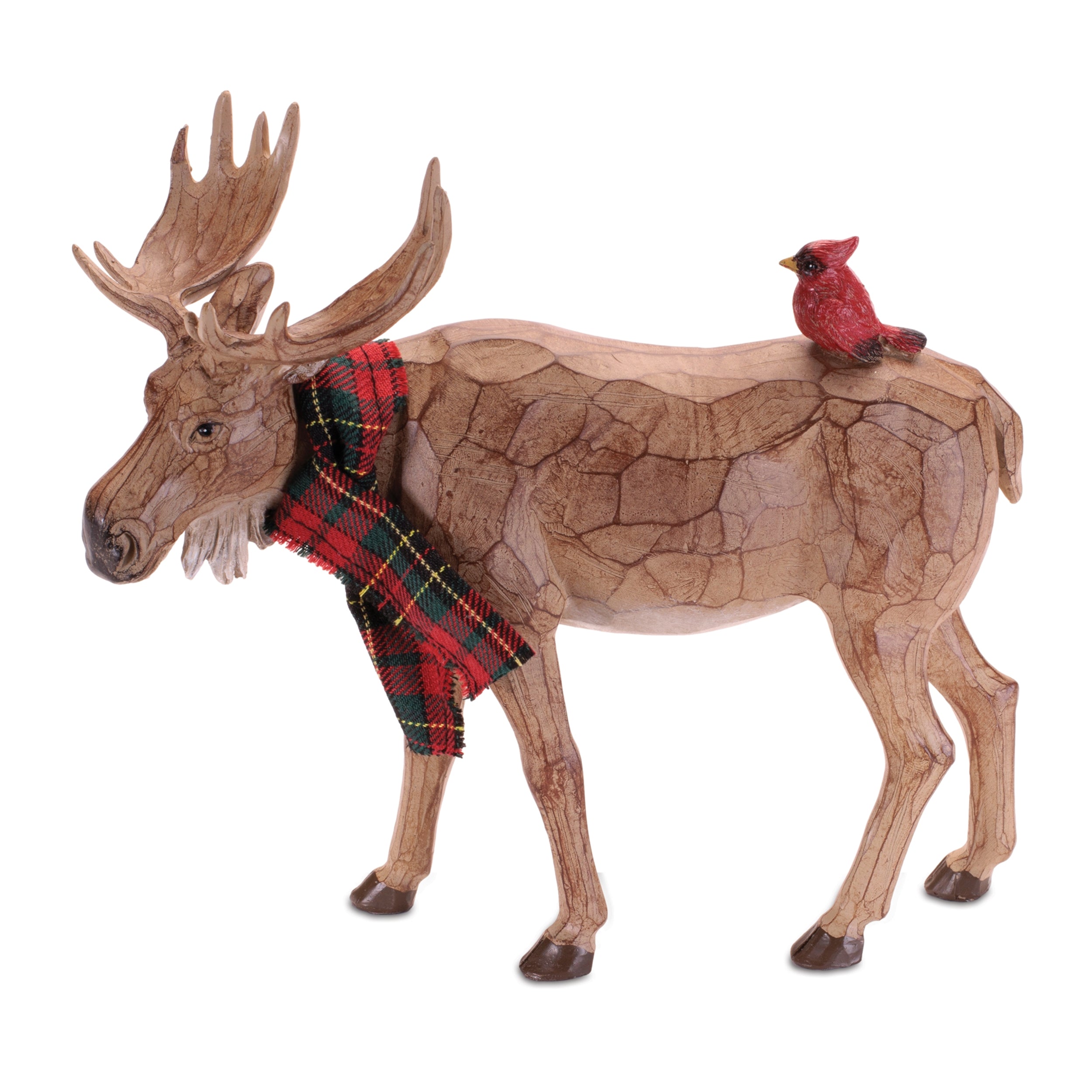 Carved Moose with Scarf and Cardinal Birds, Set of 2