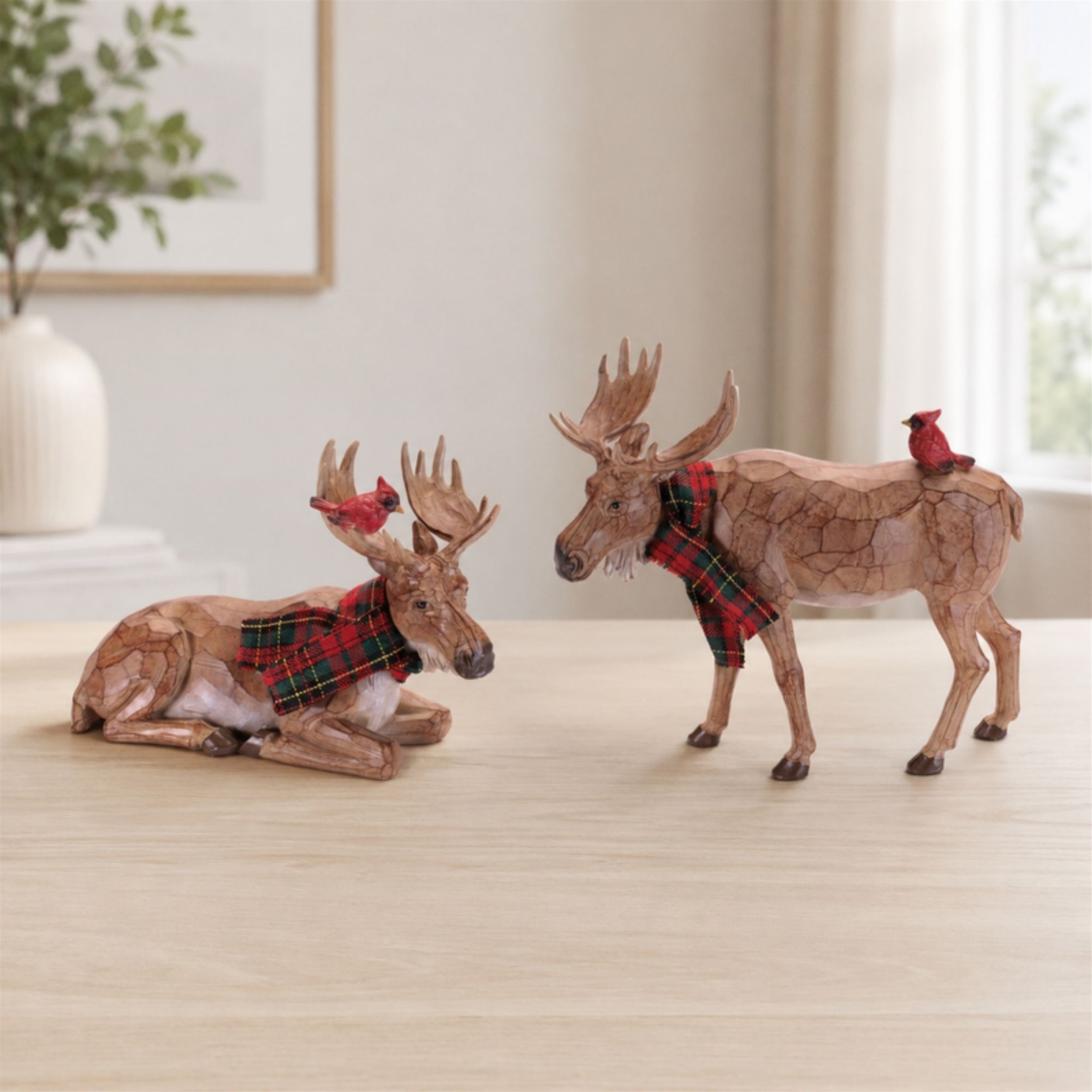 Carved Moose with Scarf and Cardinal Birds, Set of 2