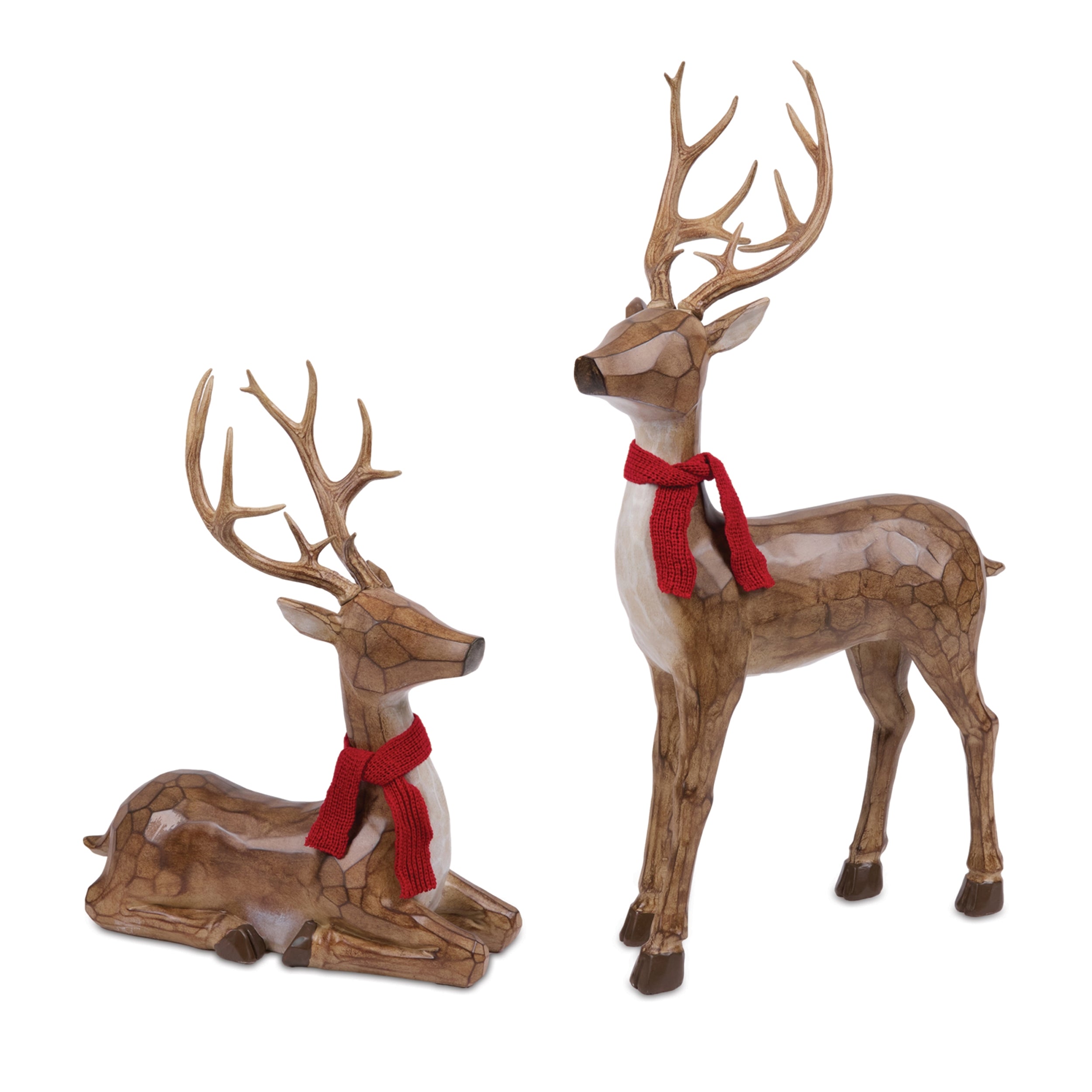 Carved Deer with Scarf Statue, Set of 2