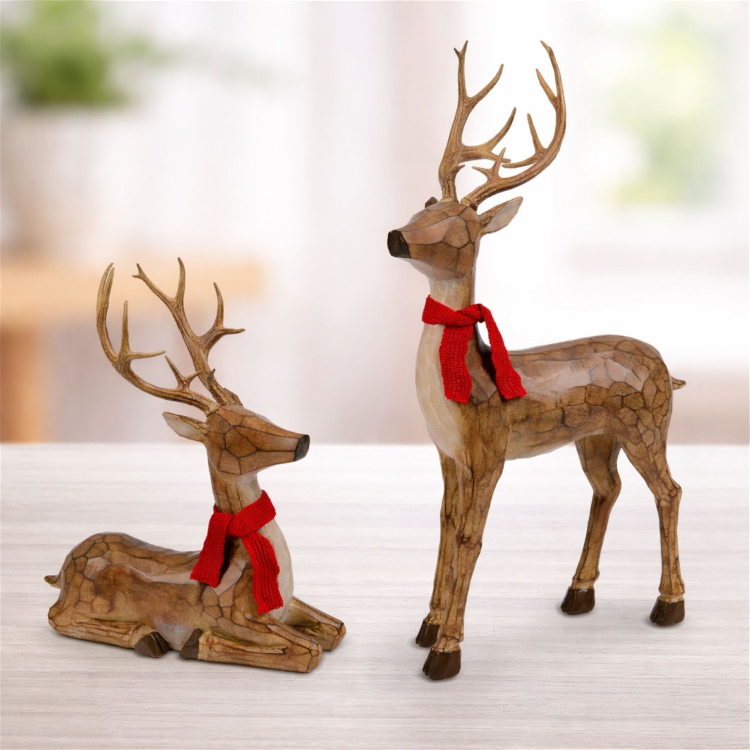 Carved Deer with Scarf Statue, Set of 2