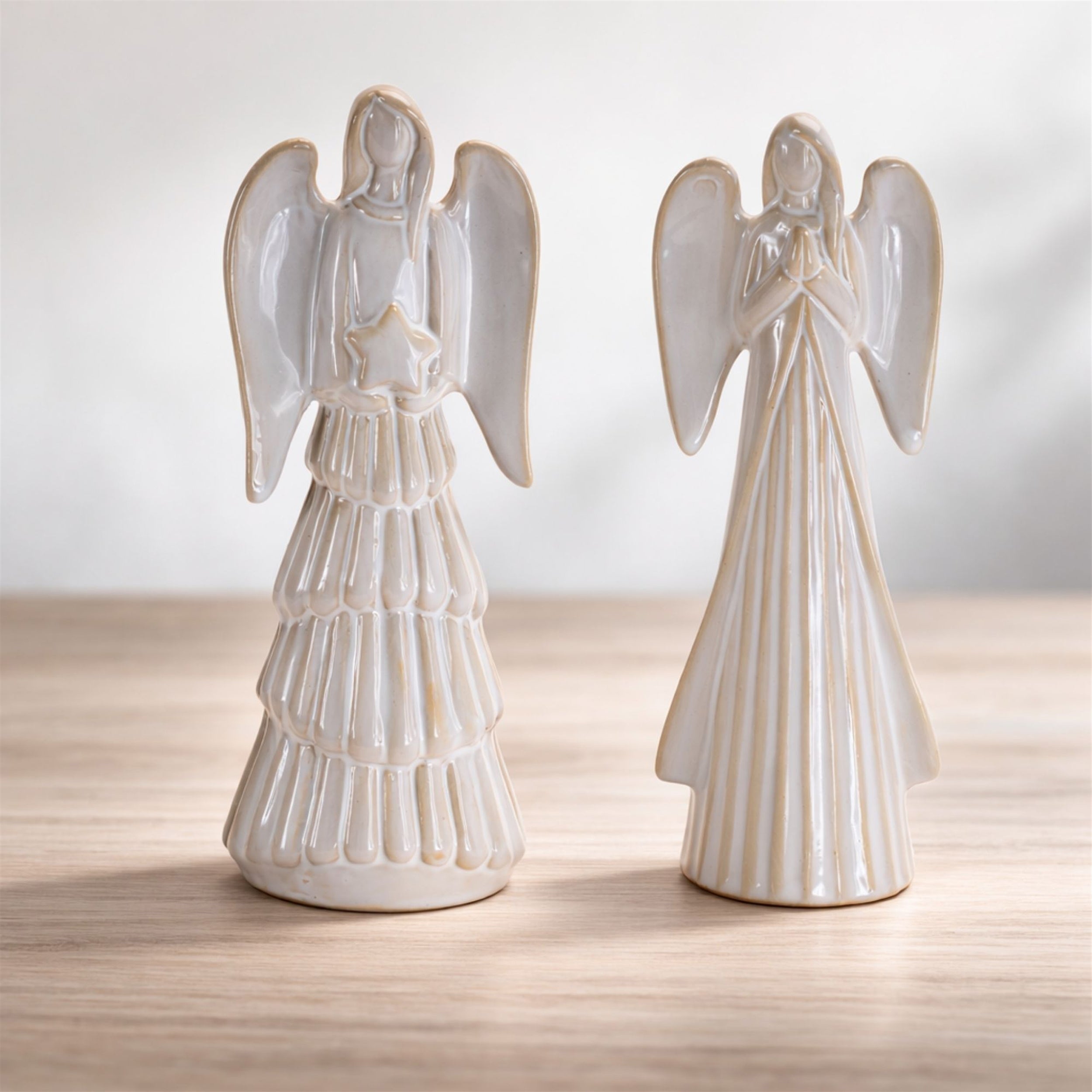 White Glazed Angel Figurines, Set of 2