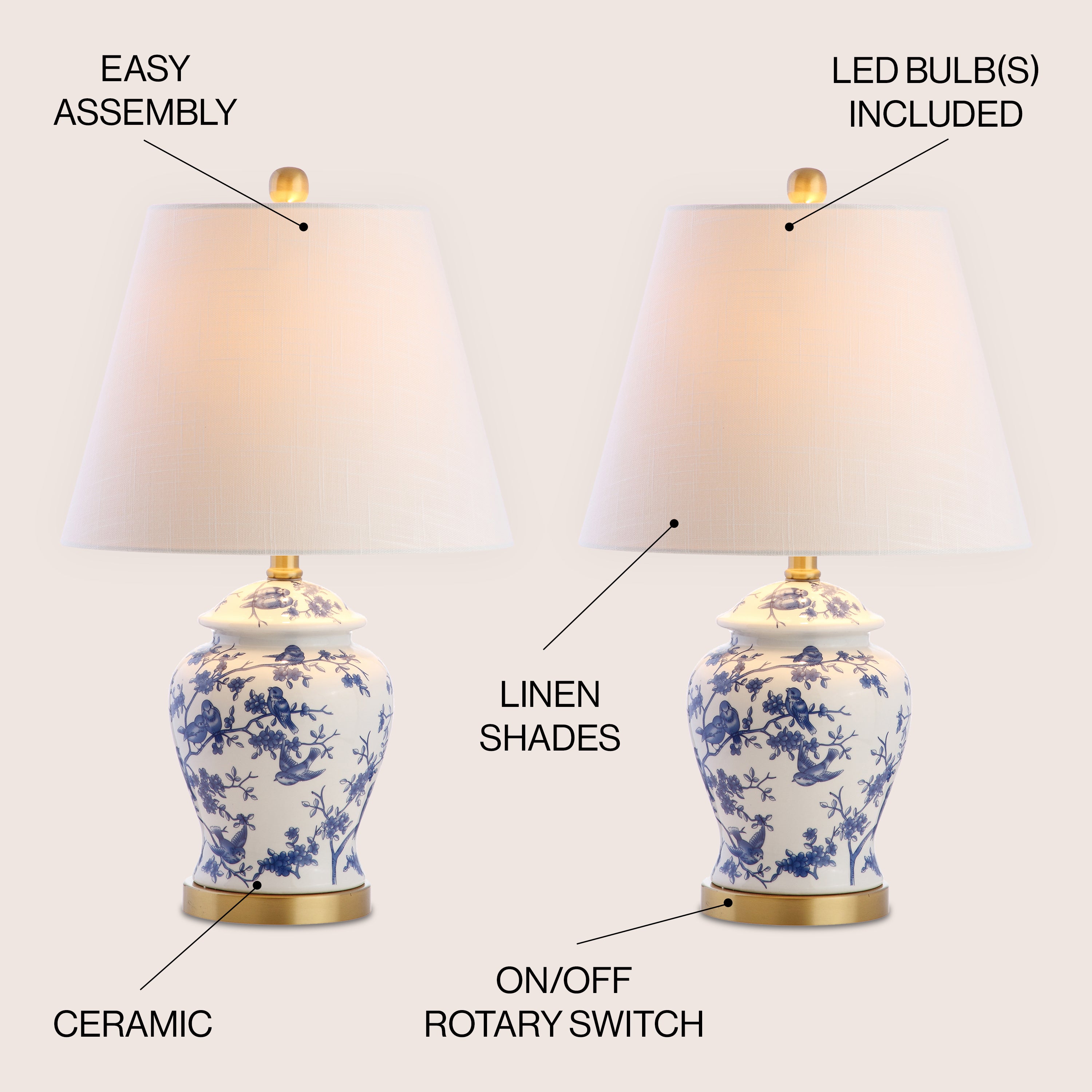 Penelope French Country Cottage Ceramic/Iron Chinoiserie Ginger Jar LED Table Lamp