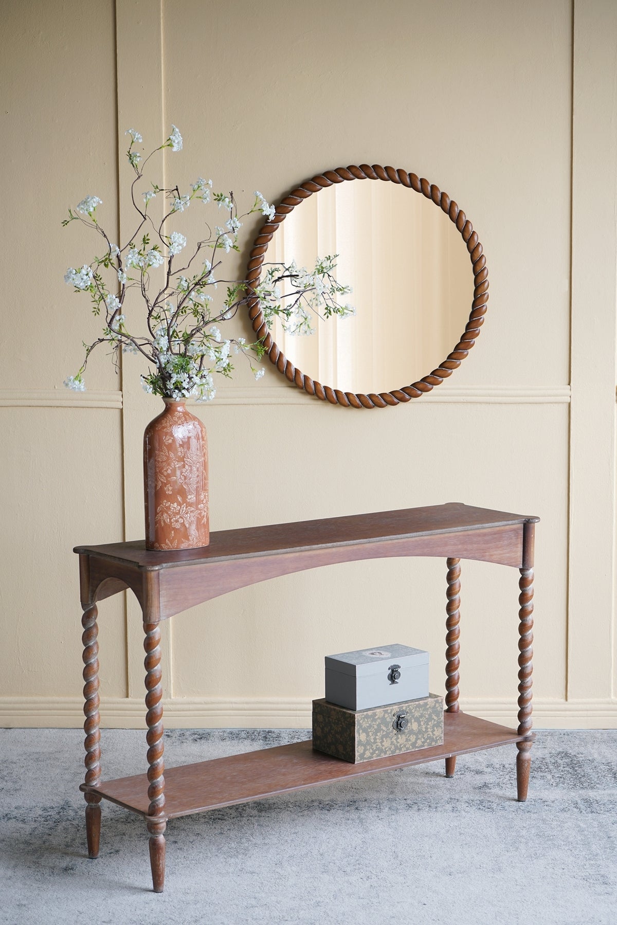 Rustic Brown Wood Console Table with Turned Spiral Legs