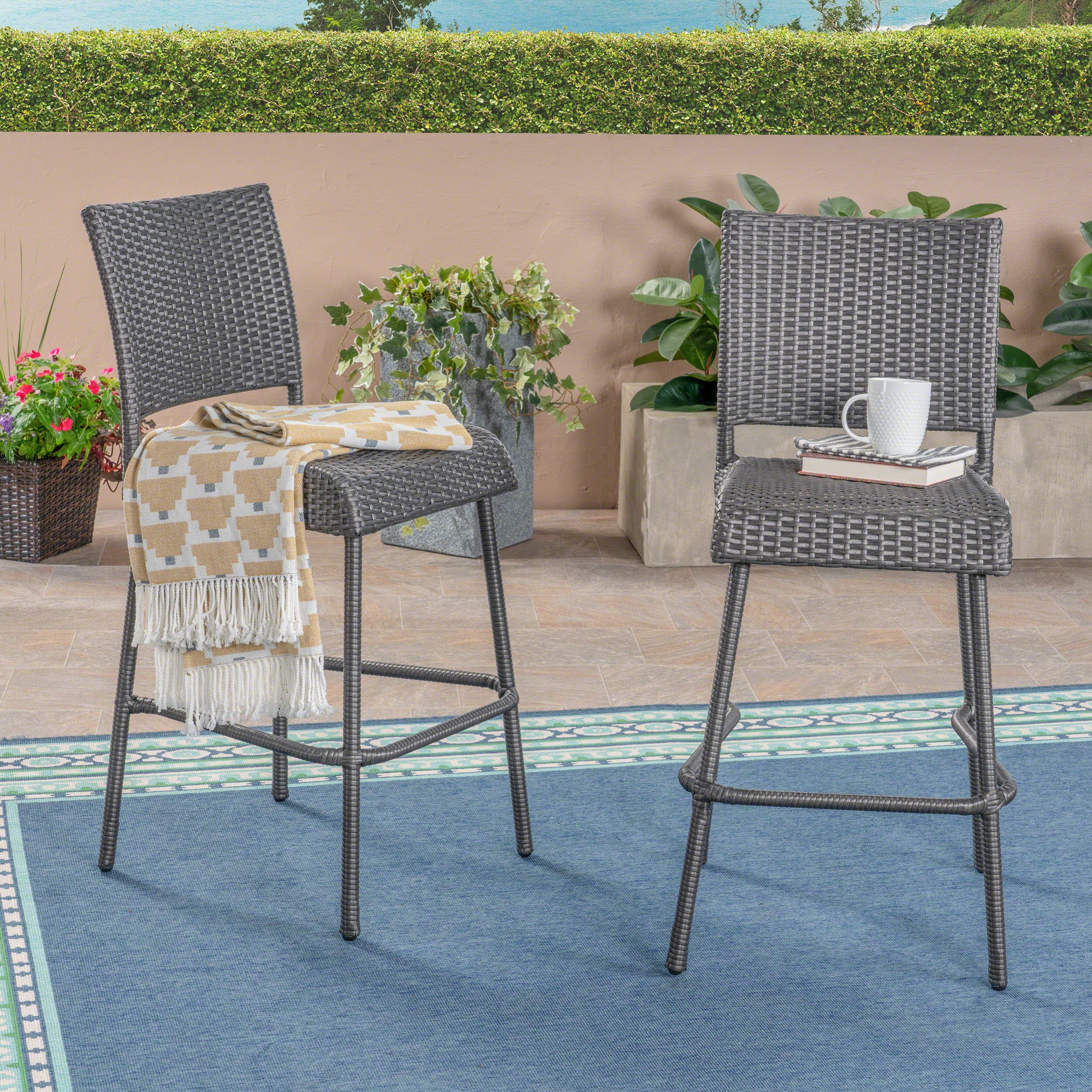 29" Outdoor Rattan Armless Barstools, Set of 2