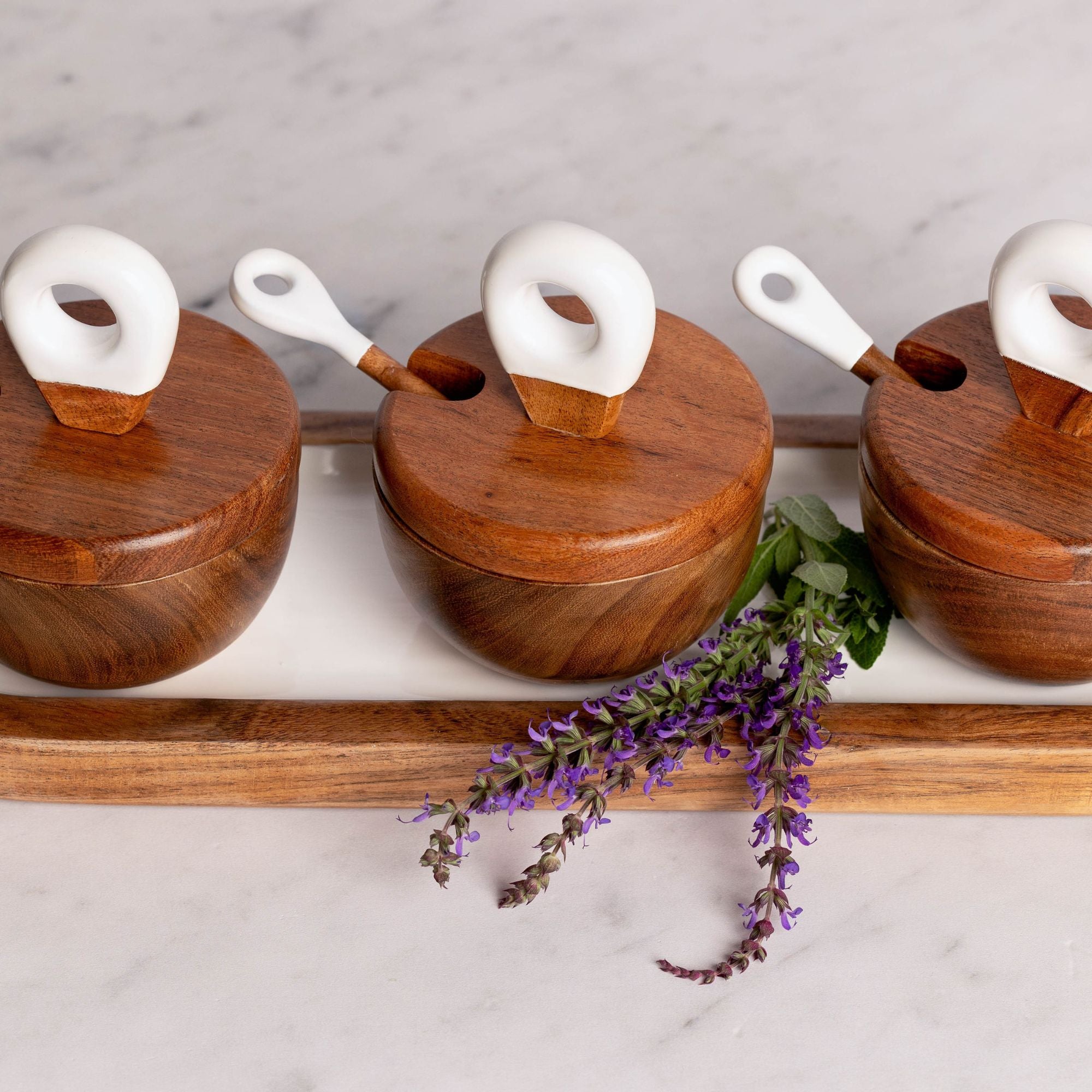 Jeanne Fitz Wood + White Collection Acacia Wood 3 Dipping Bowls with Charcuterie Utensils