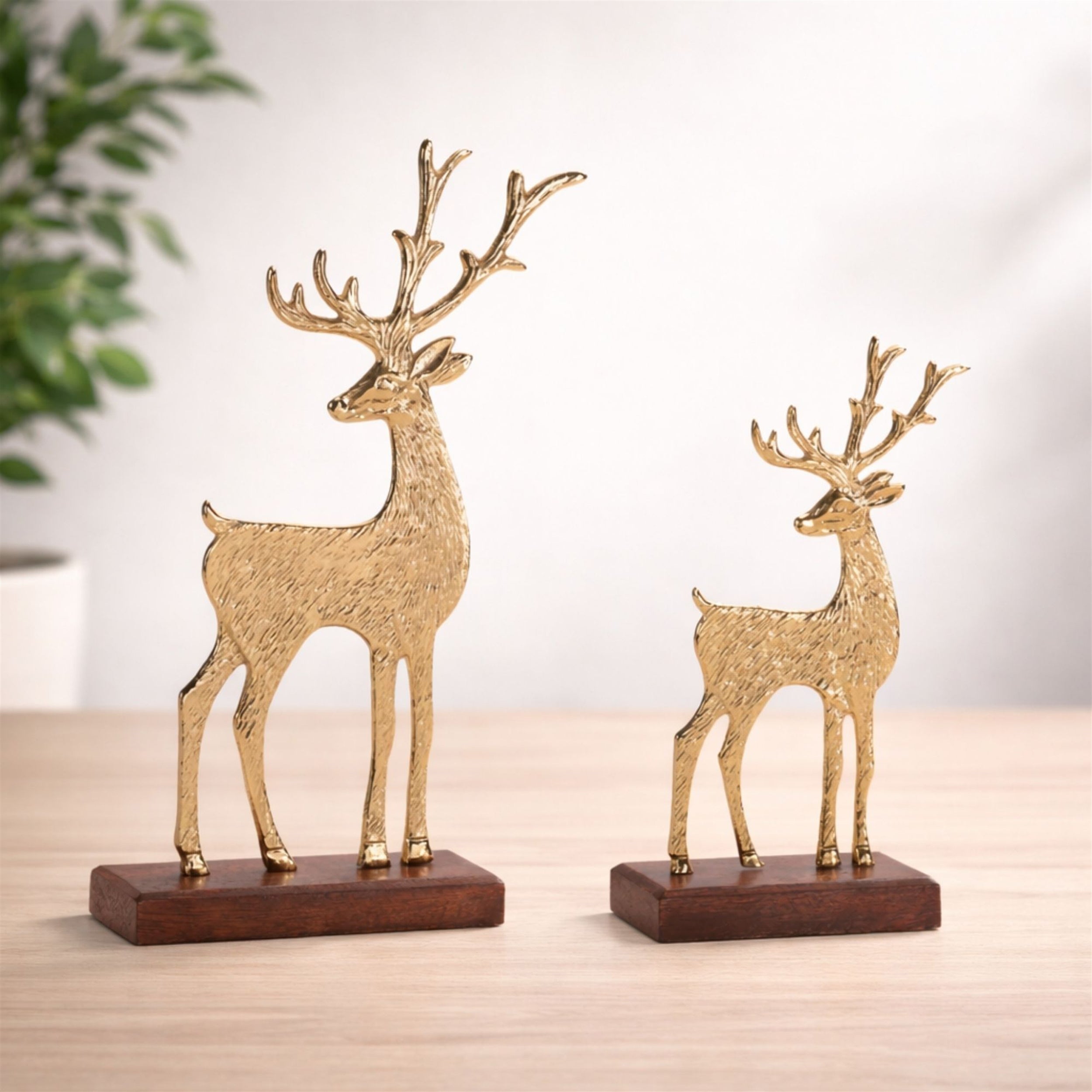 Metal Deer Figurines on Wood Base, Set of 2