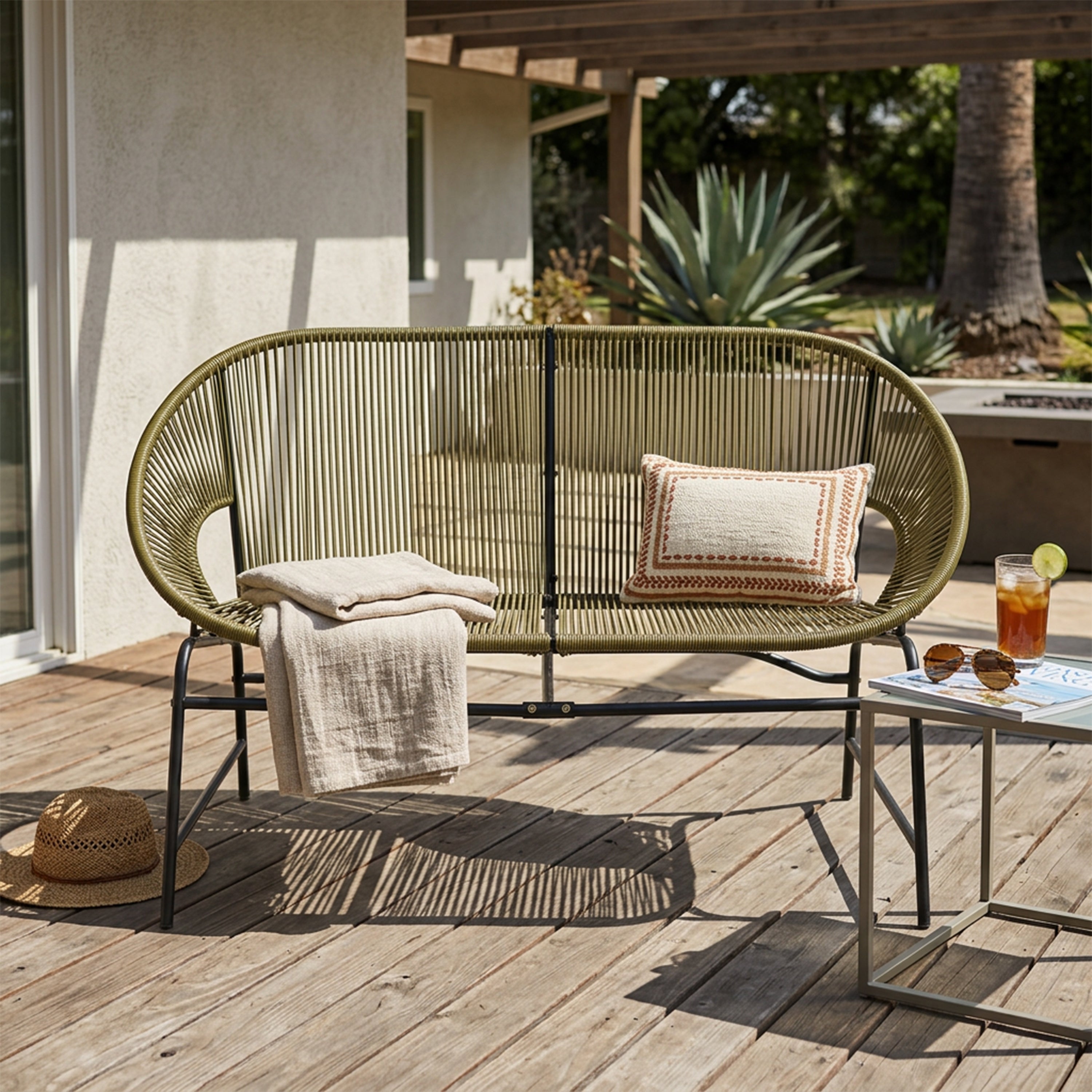 CONDESSA OUTDOOR PATIO WICKER LOVE SEAT, GREEN PE RATTAN & IRON FRAME, SET OF 1
