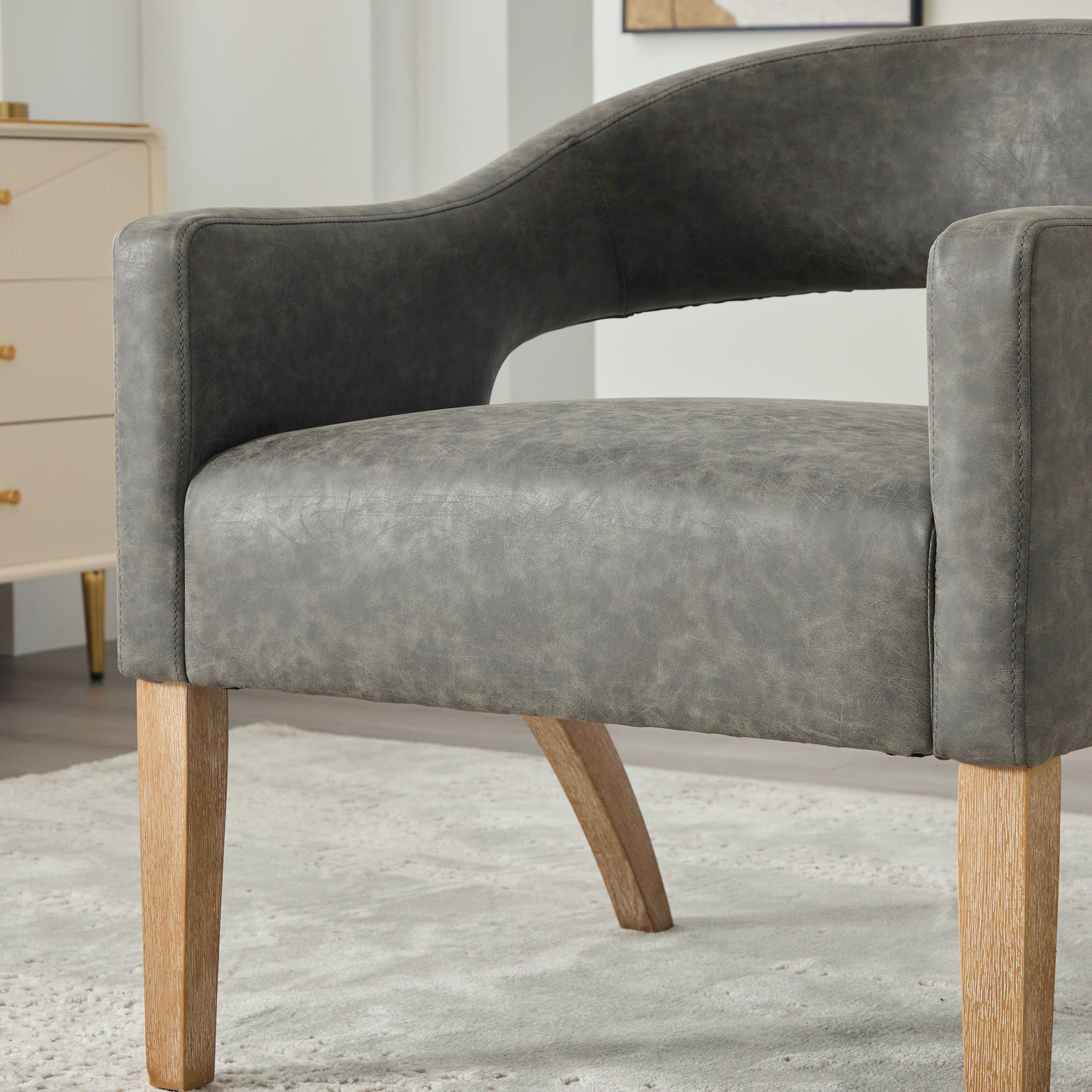 Mid-Century Modern Vegan Leather Open Back Accent Chair with Rubberwood Legs