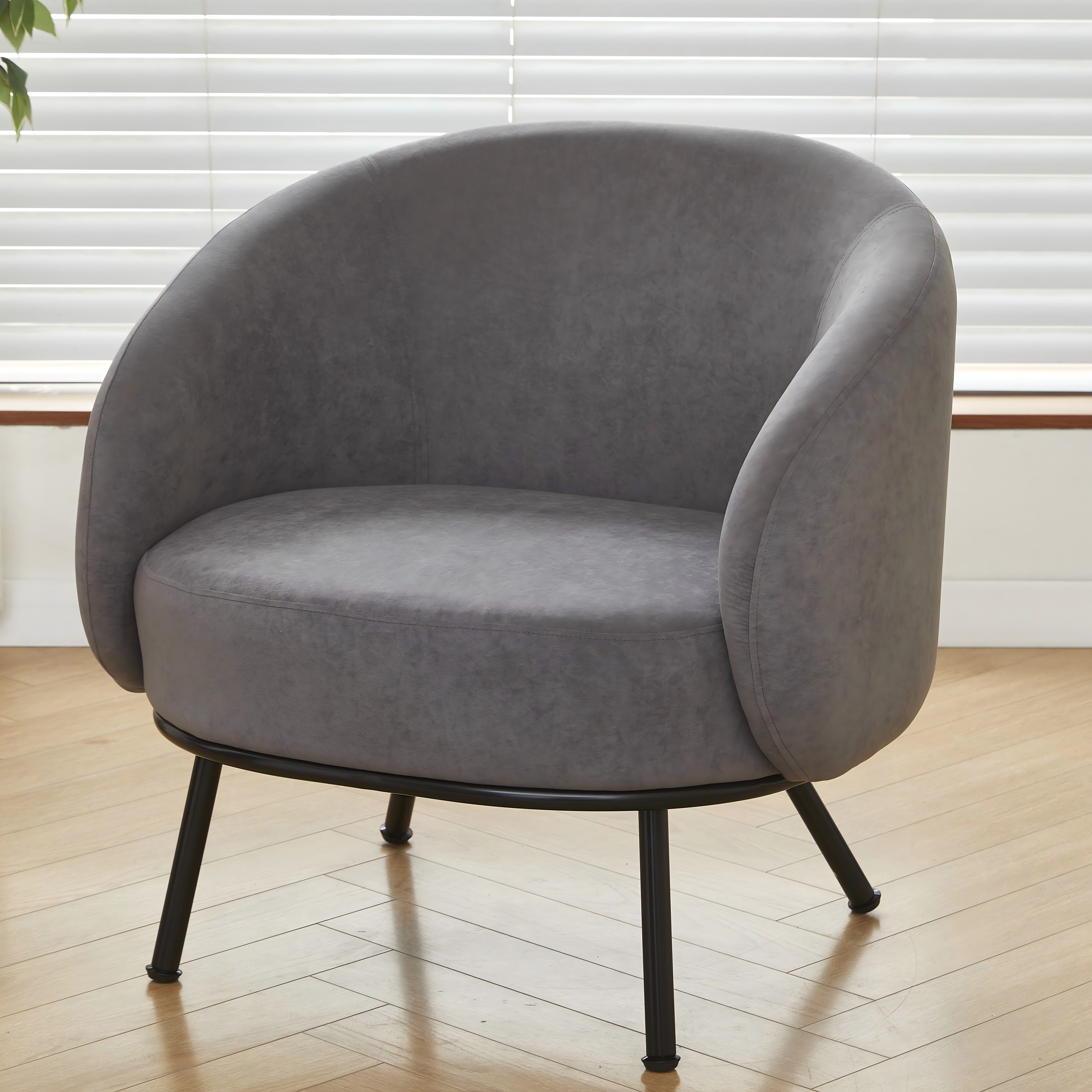 Mid-Century Modern Velvet Accent Chair, Upholstered Barrel Armchair with Metal Legs, Comfy Single Sofa Chair for Living Room Bedroom