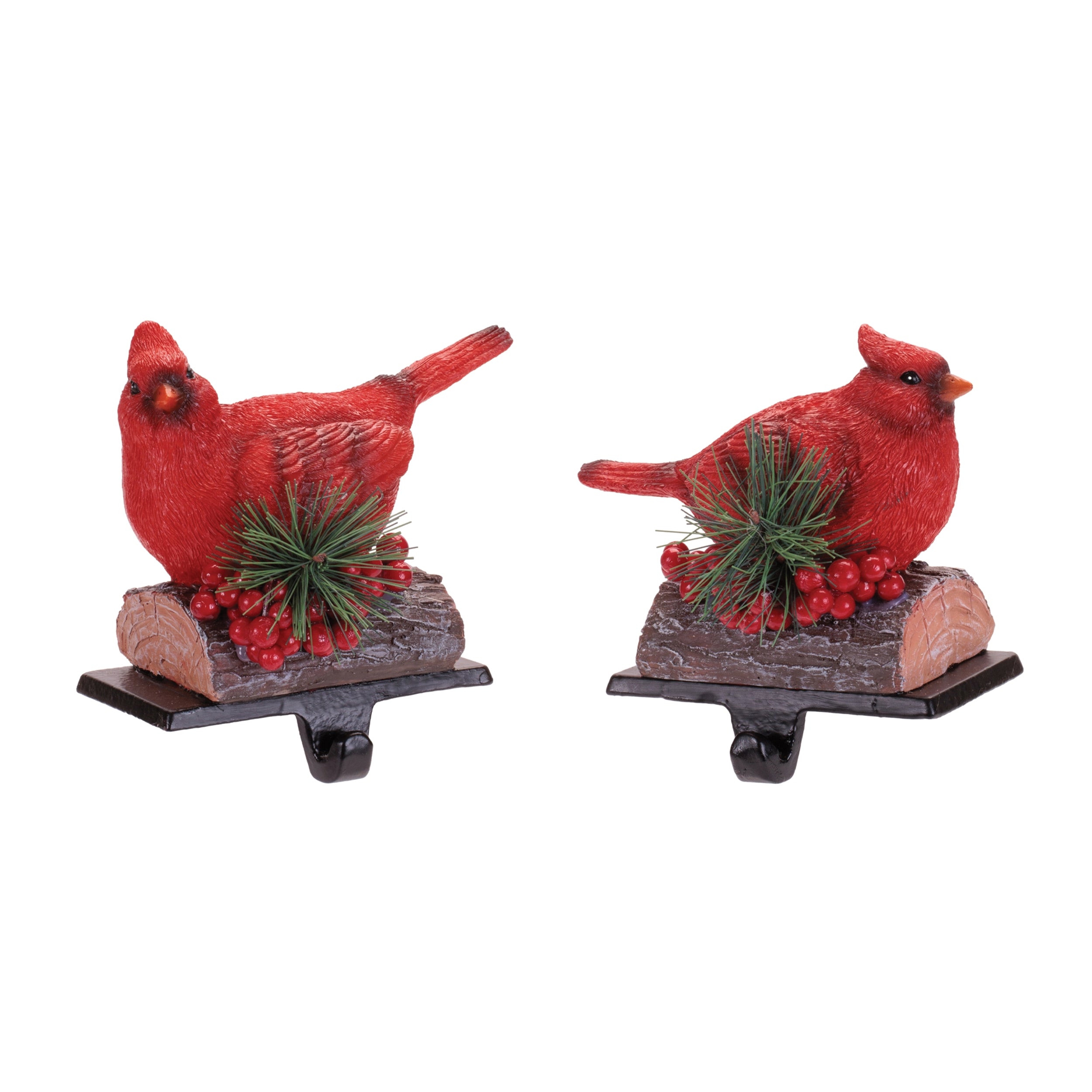 Red Cardinal Stocking Holders with Pine and Berries, Set of 2
