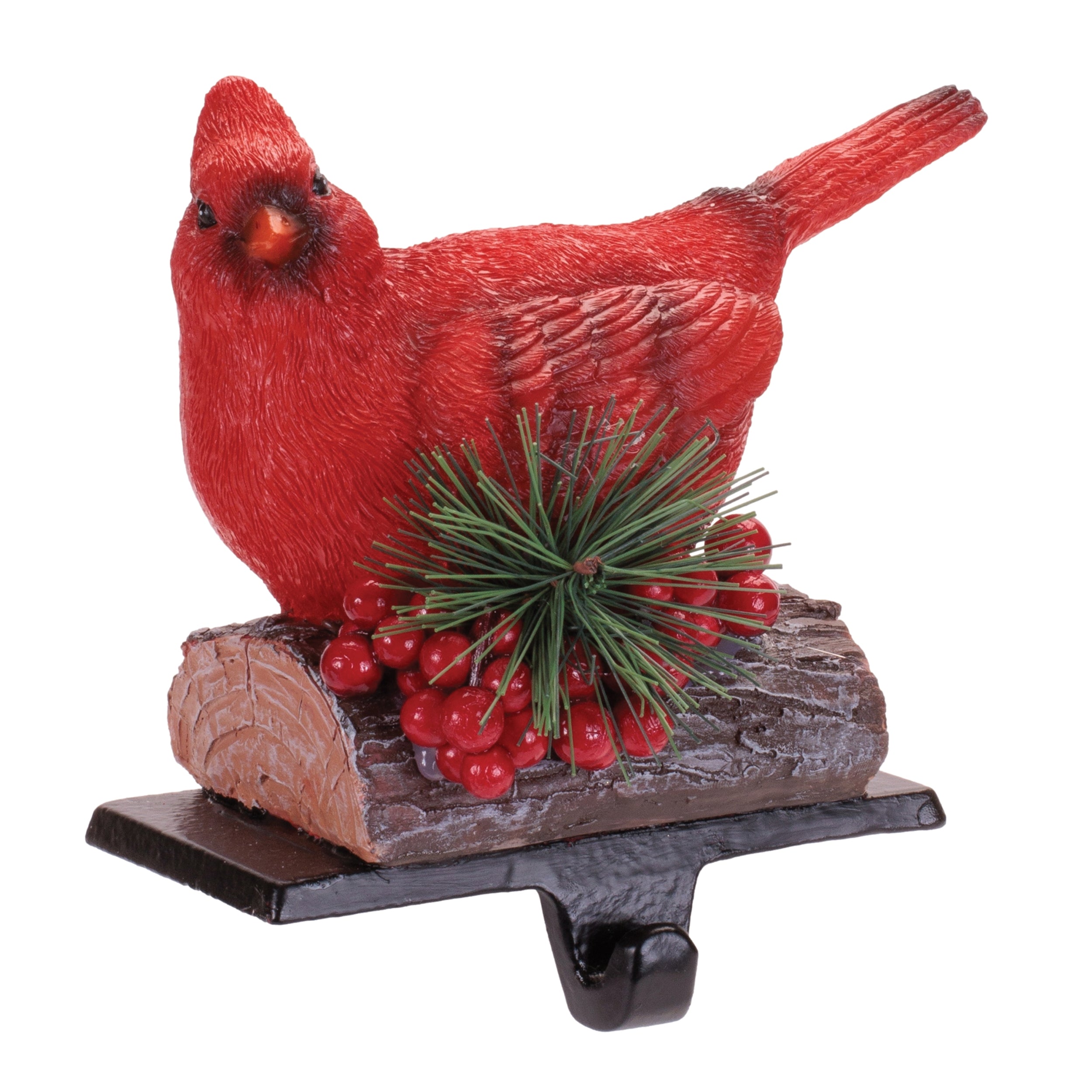 Red Cardinal Stocking Holders with Pine and Berries, Set of 2