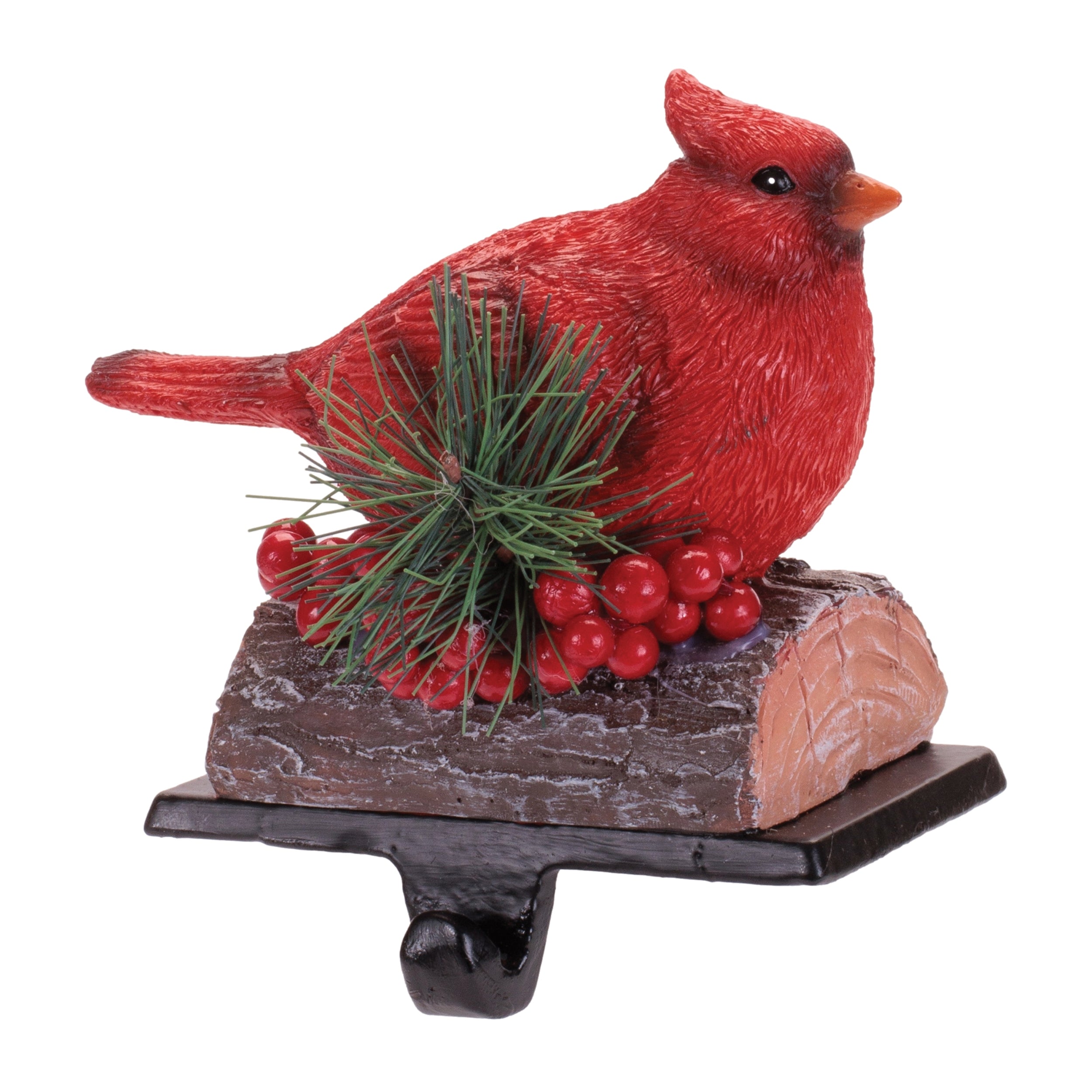 Red Cardinal Stocking Holders with Pine and Berries, Set of 2
