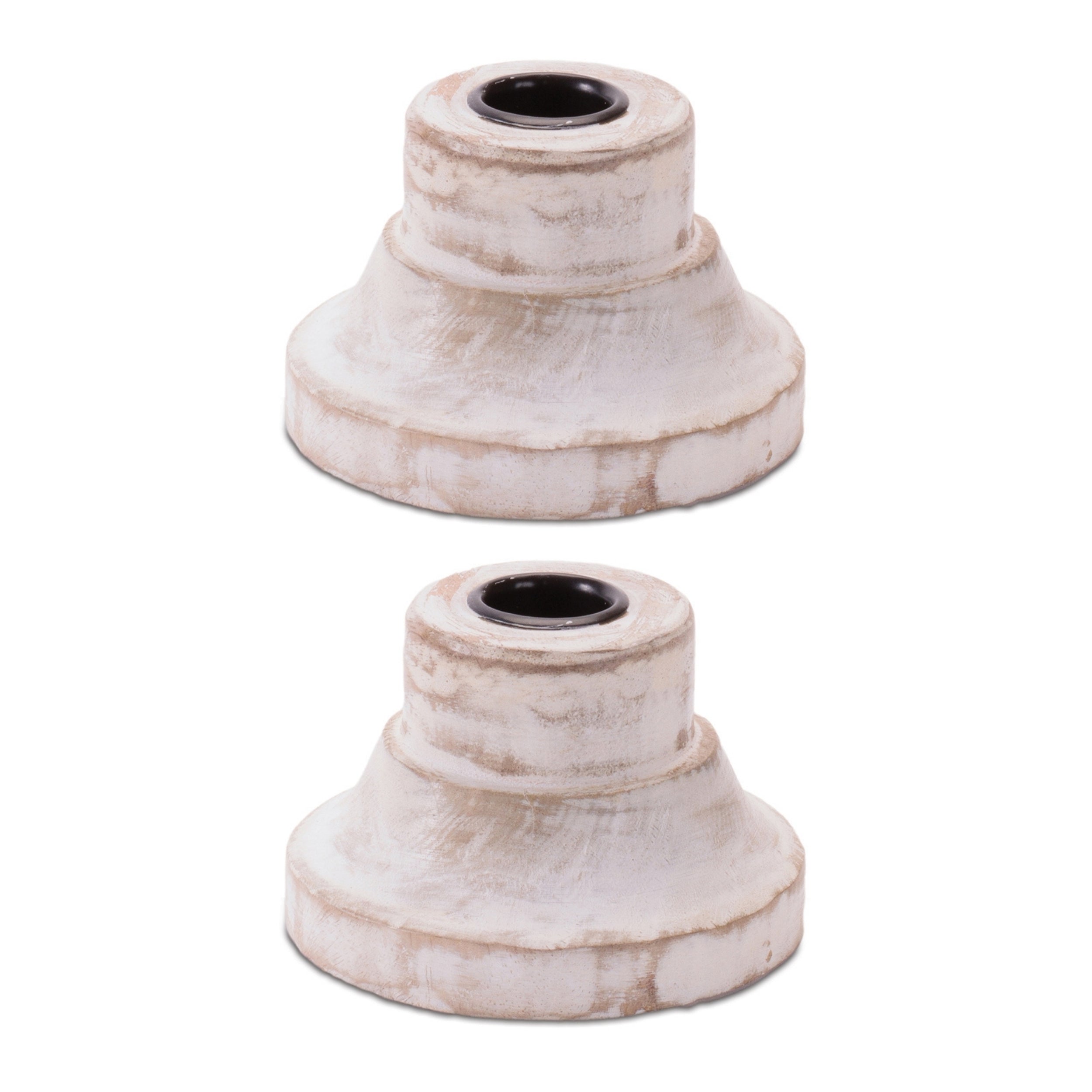White Washed Wood Taper Candle Holder 2.65"H, Set of 2