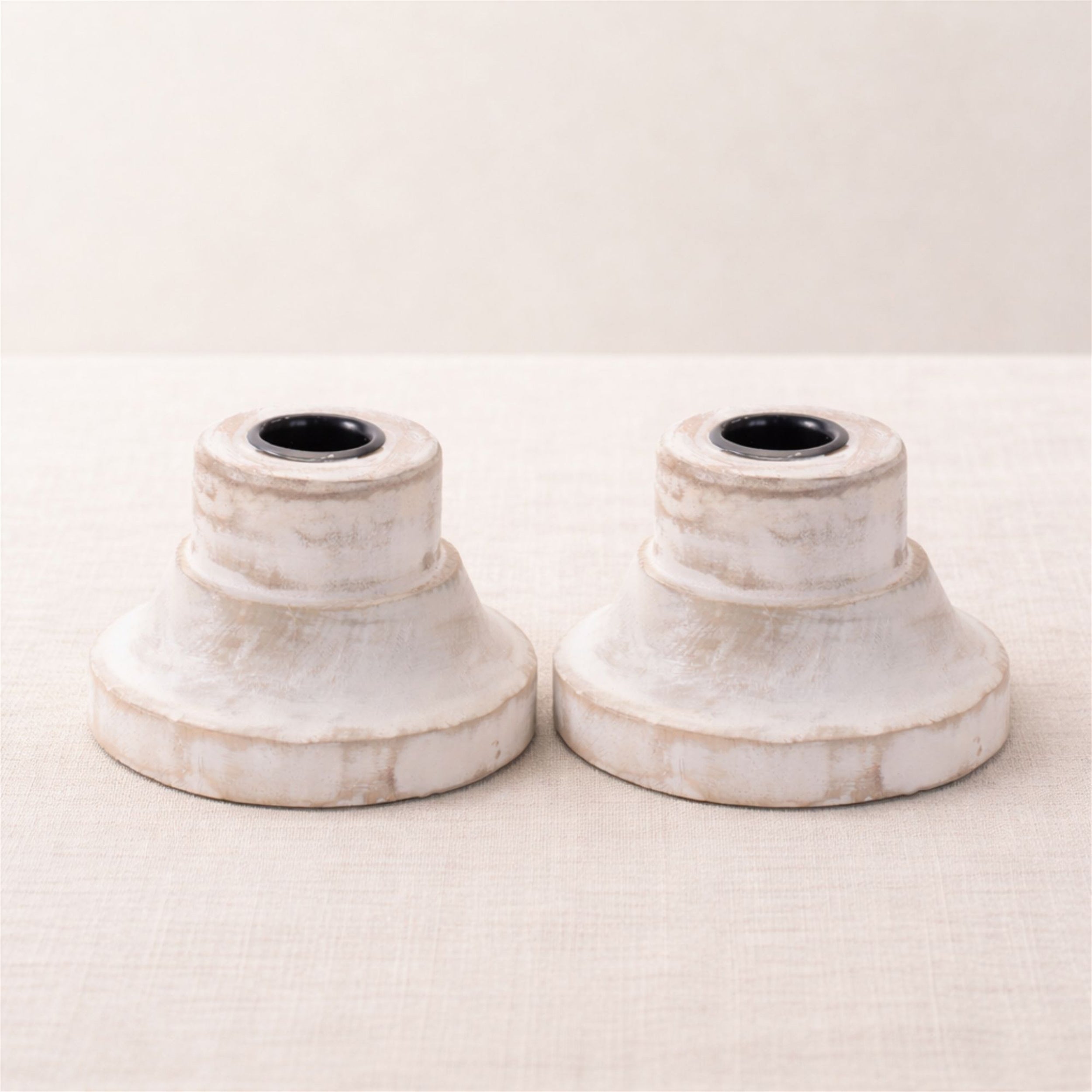 White Washed Wood Taper Candle Holder 2.65"H, Set of 2
