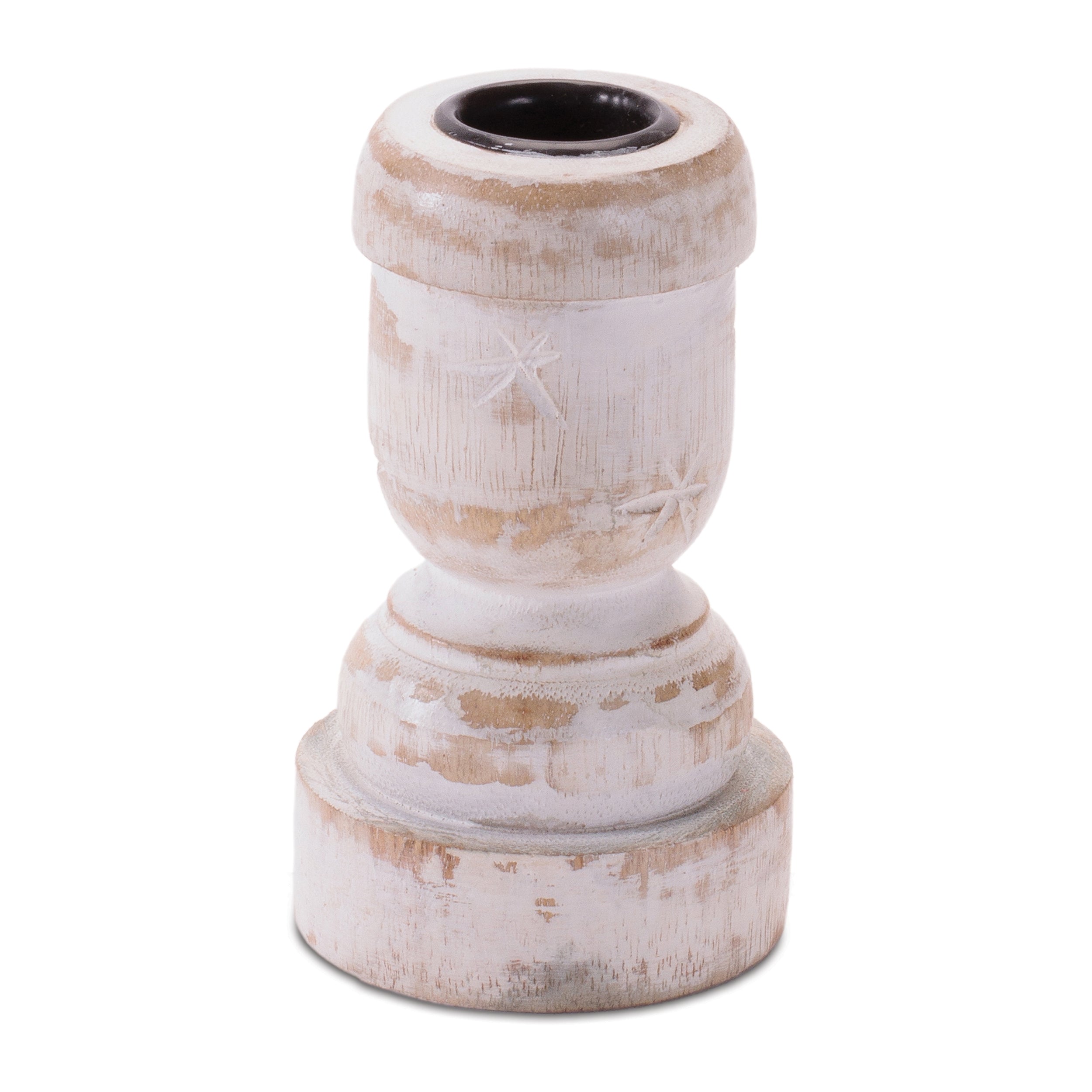 White Washed Wood Taper Candle Holder 4.2"H, Set of 2