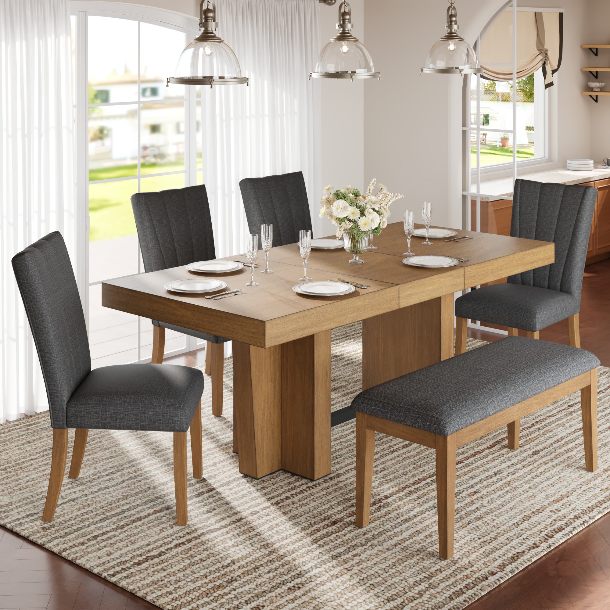 Meadowlark Farmhouse Extendable Wood Dining Table with 4 Upholstered Chairs & Bench