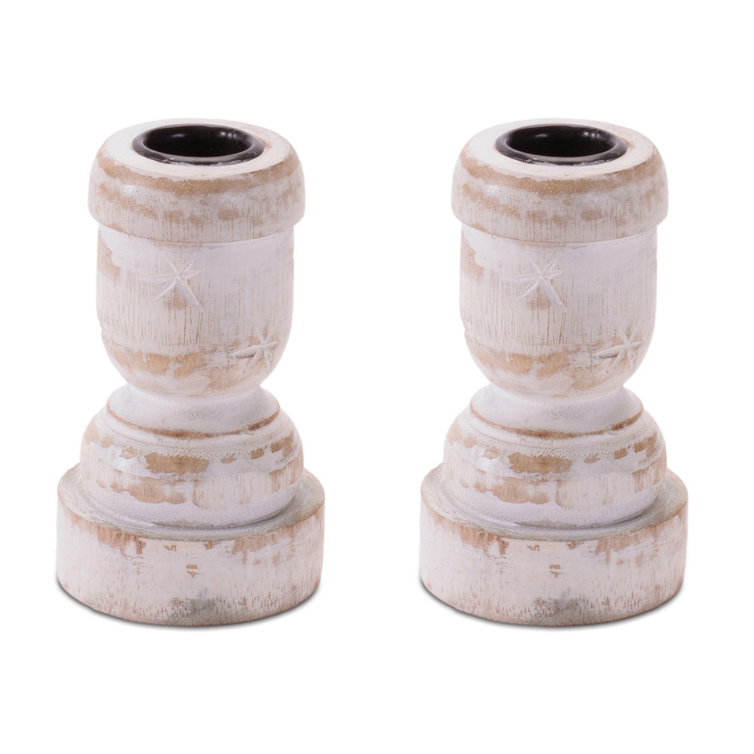 White Washed Wood Taper Candle Holder 4.2"H, Set of 2