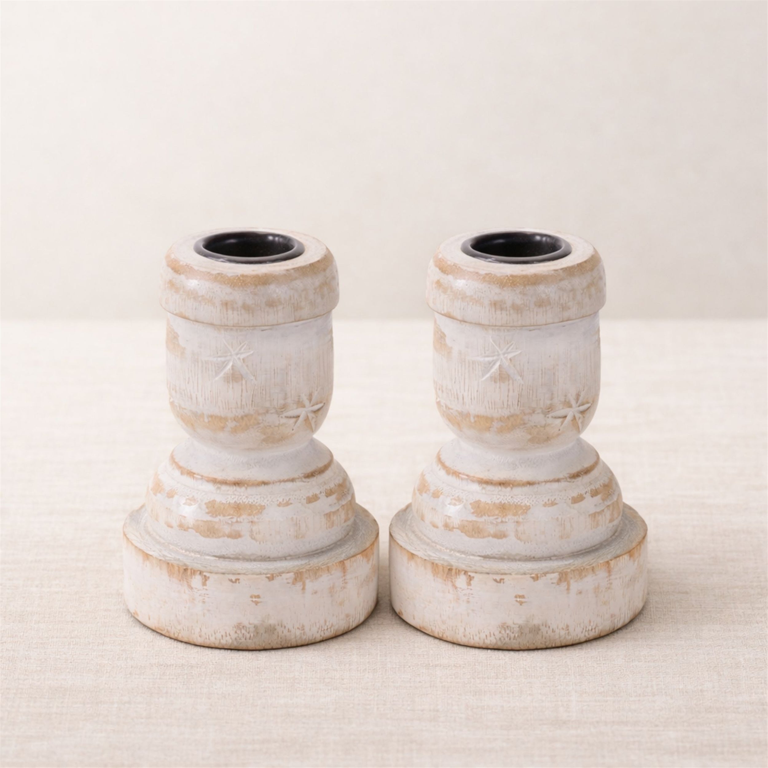 White Washed Wood Taper Candle Holder 4.2"H, Set of 2