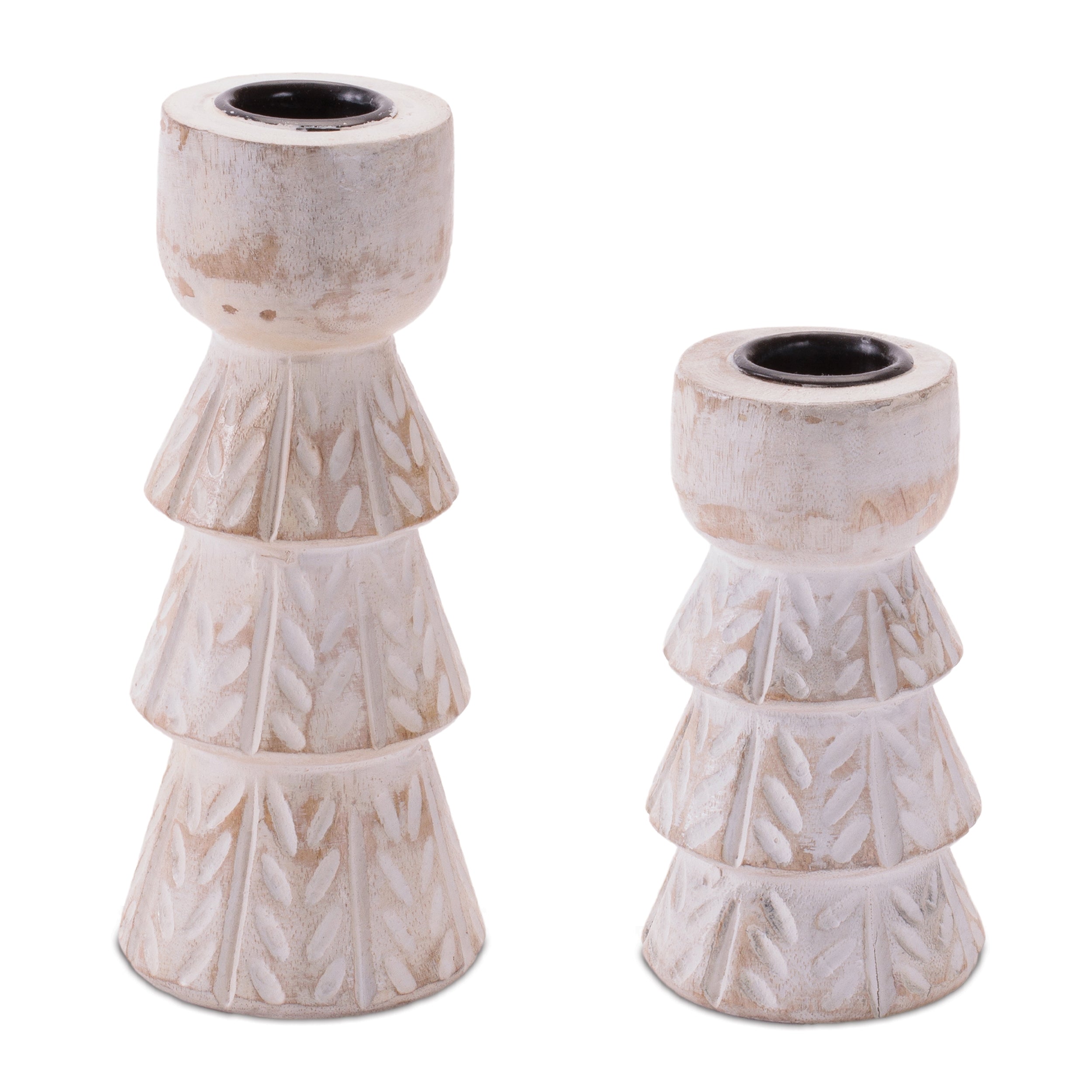 White Washed Wood Taper Candle Holder 4.3"H, Set of 2