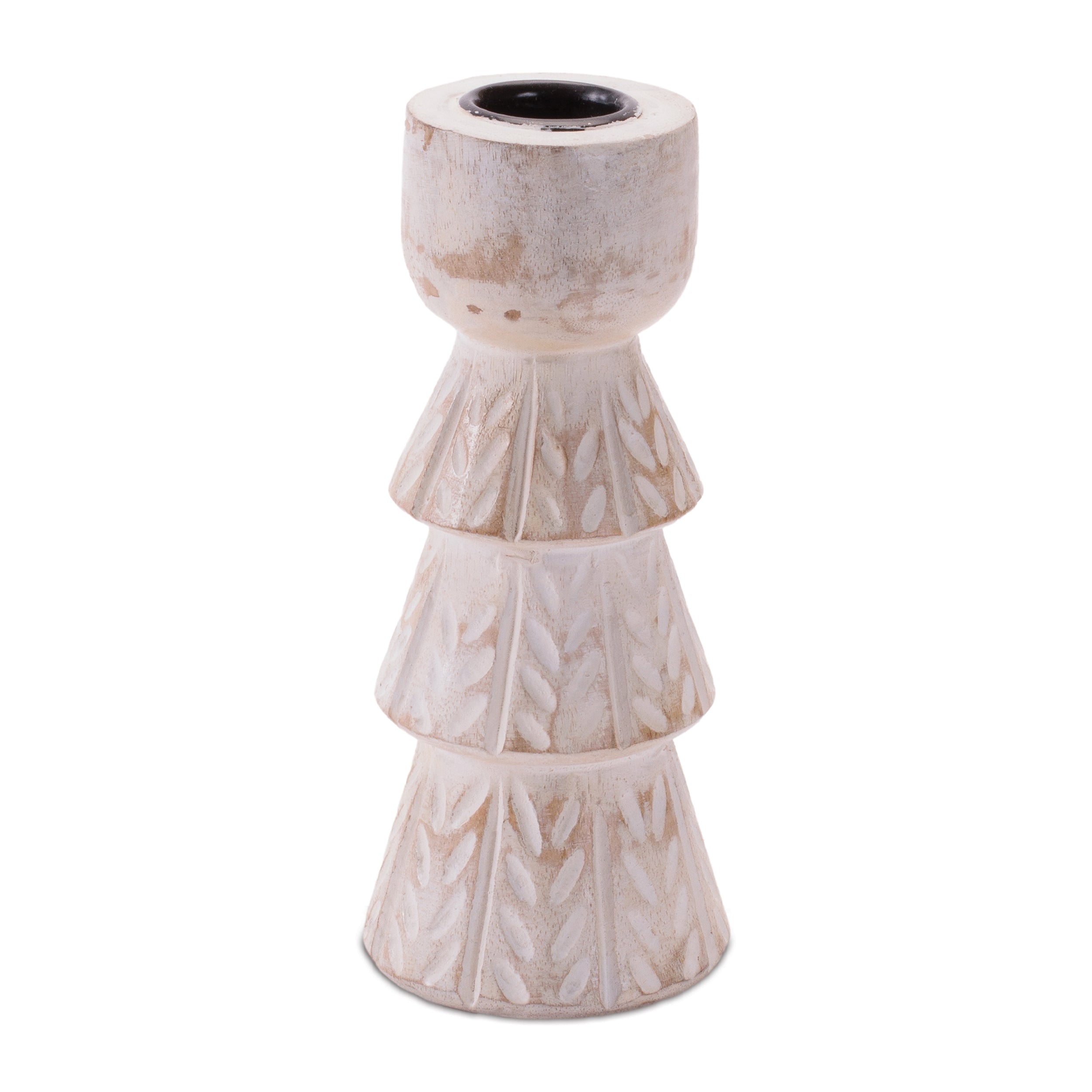 White Washed Wood Taper Candle Holder 4.3"H, Set of 2