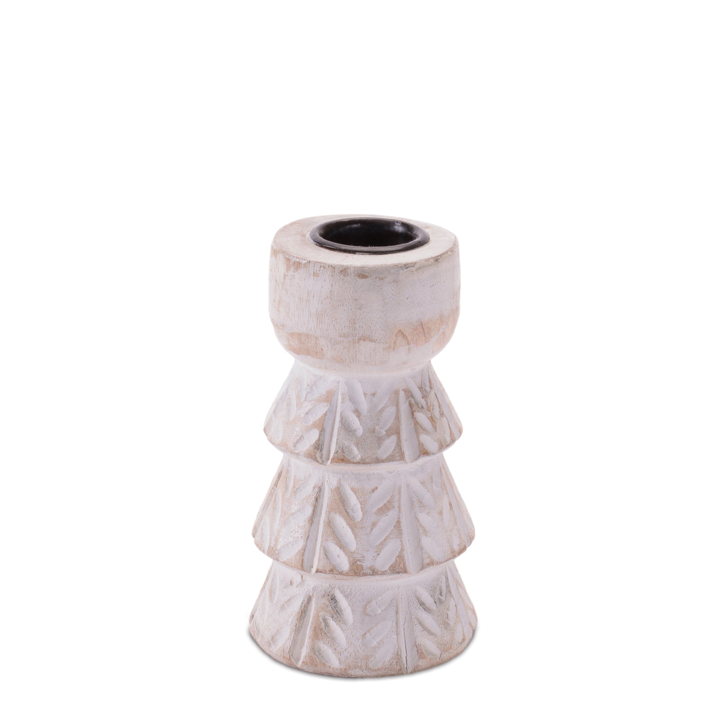 White Washed Wood Taper Candle Holder 4.3"H, Set of 2