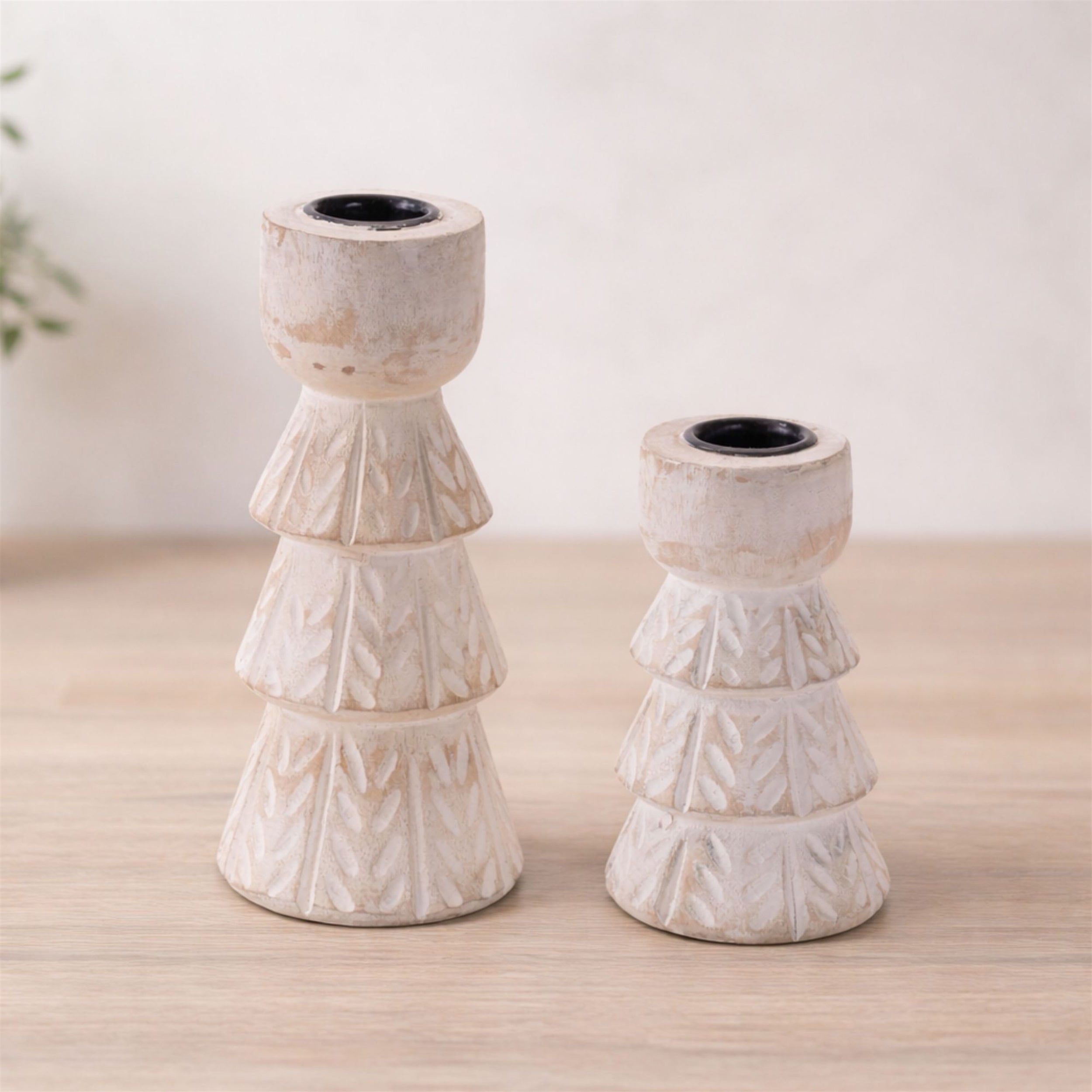 White Washed Wood Taper Candle Holder 4.3"H, Set of 2