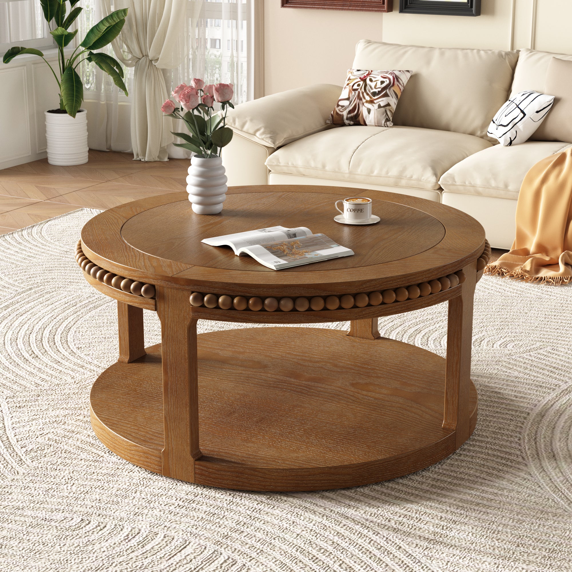 Round Solid Wood Coffee Table with Beaded Accent Edge