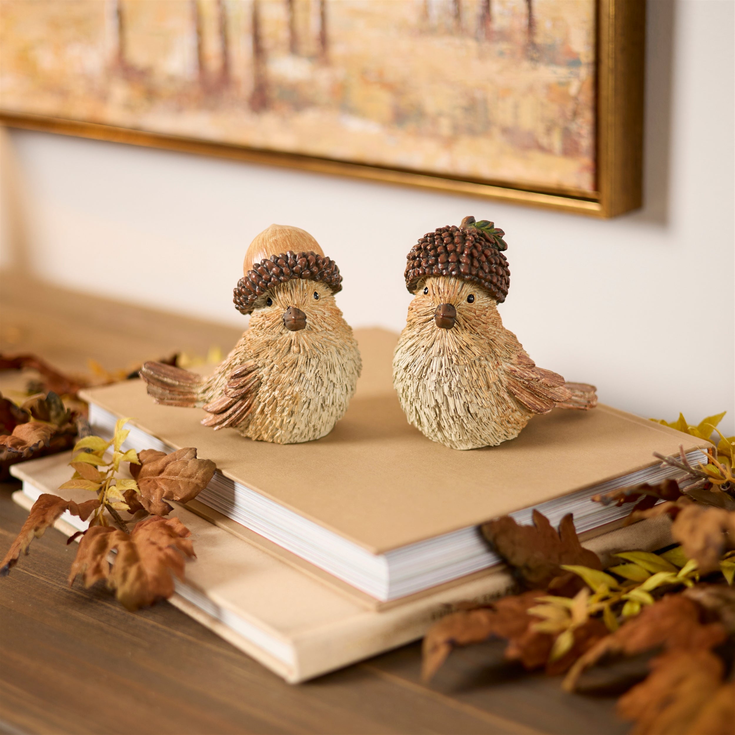 Woodland Bird with Acorn Hat Figurine, Set of 2