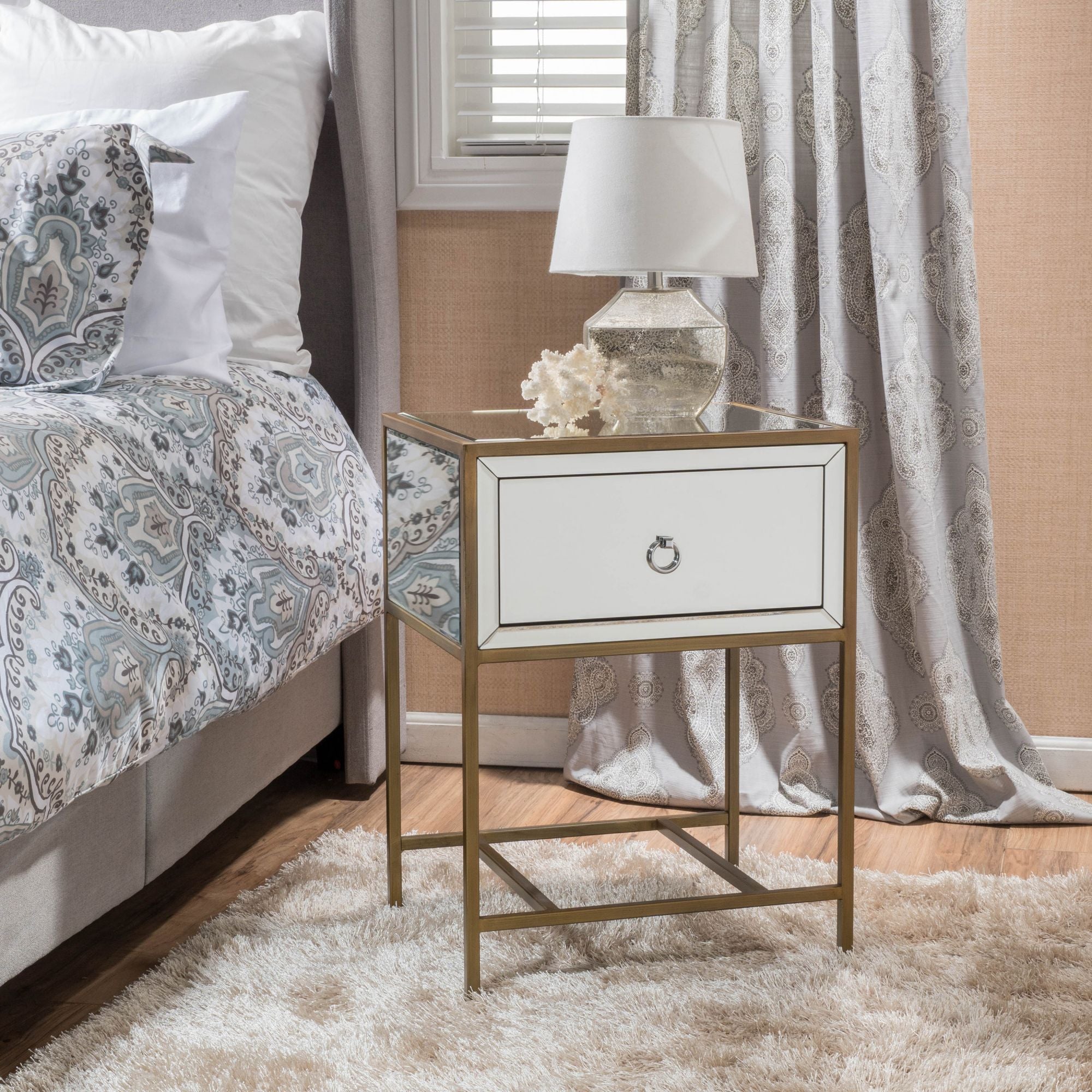 Mirror Side Table with Drawer and Metal Frame