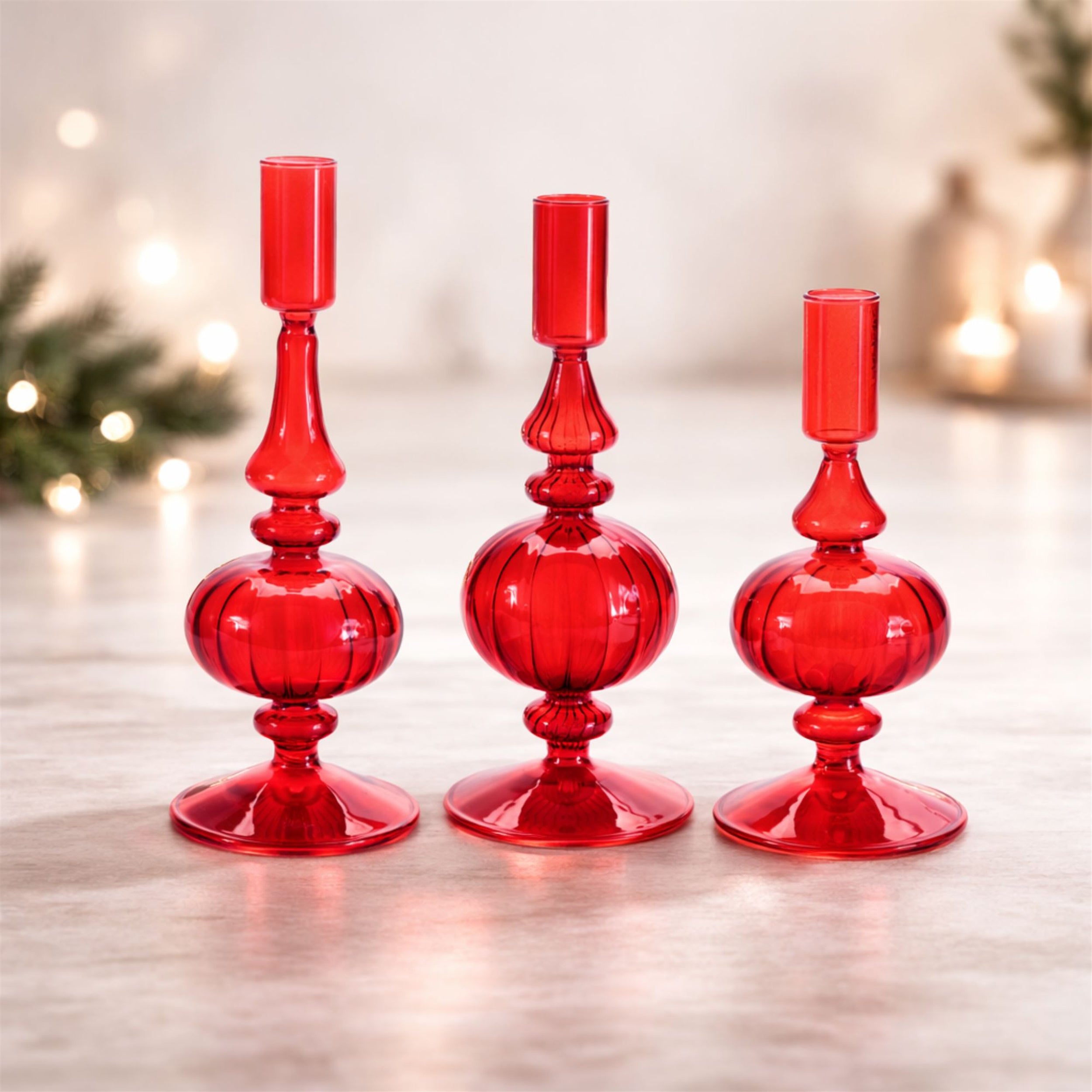 Ribbed Glass Taper Candle Holder, Set of 3
