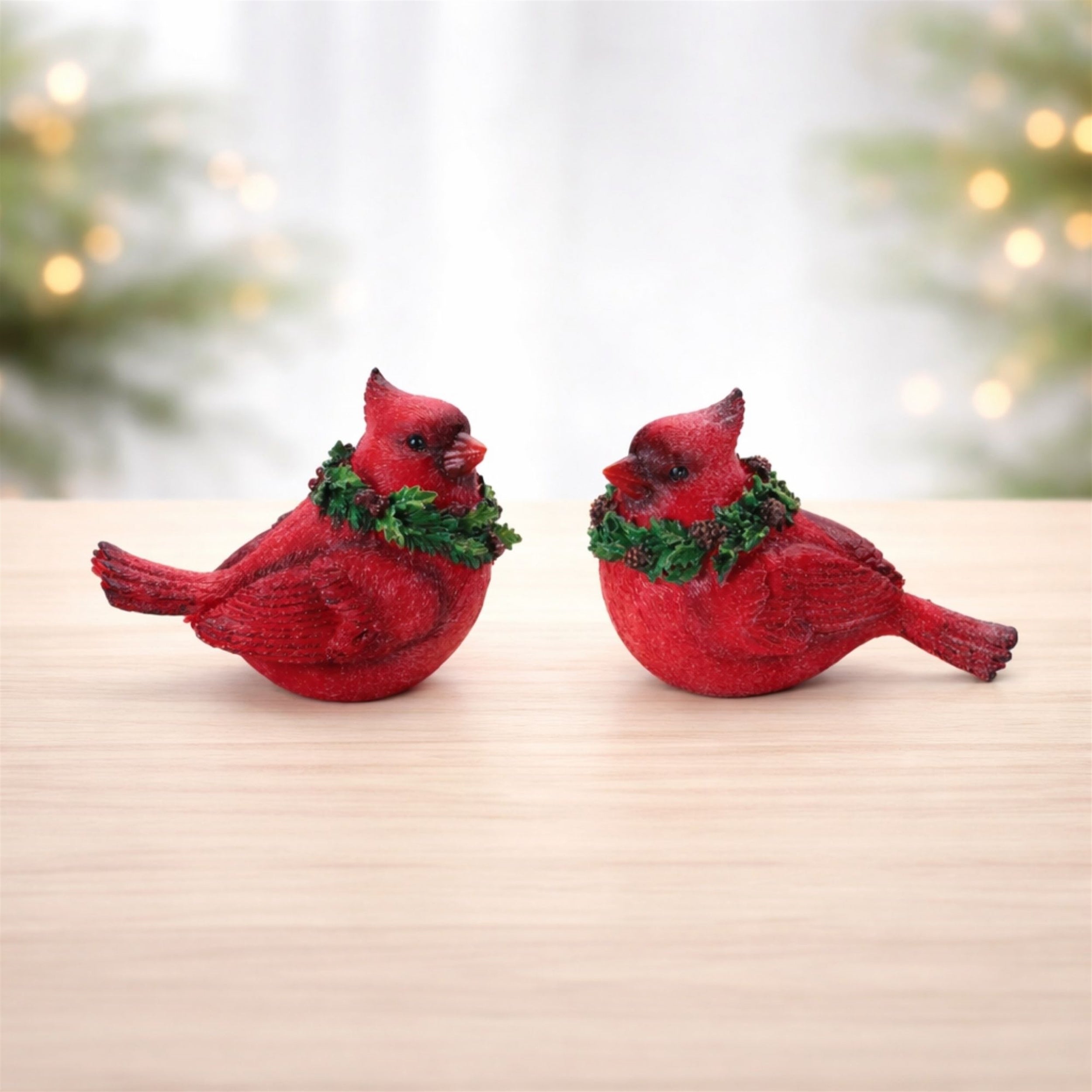 Cardinal Bird with Wreath Figurine, Set of 2