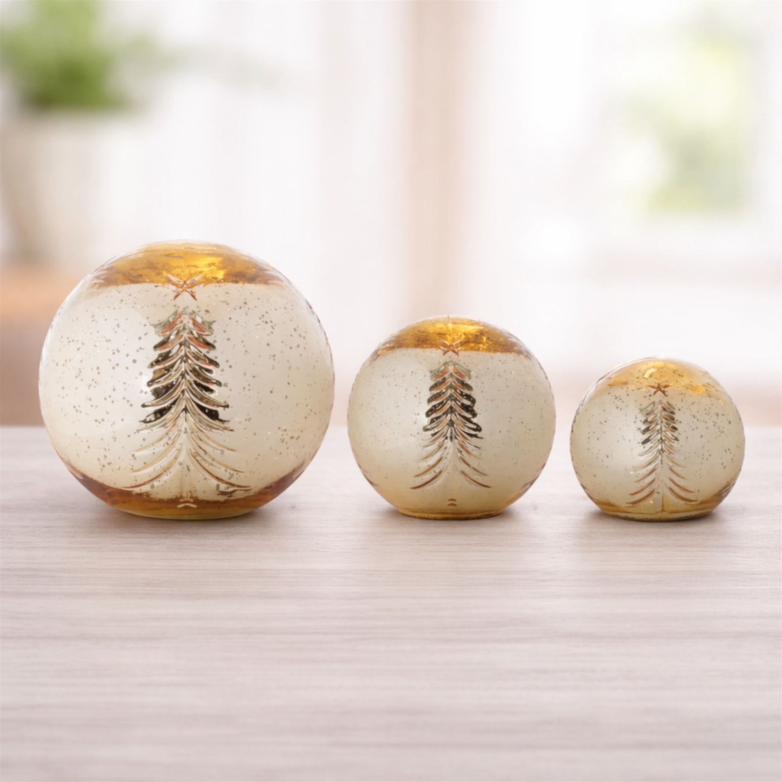 LED Snowy Etched Pine Tree Print Globe, Set of 3