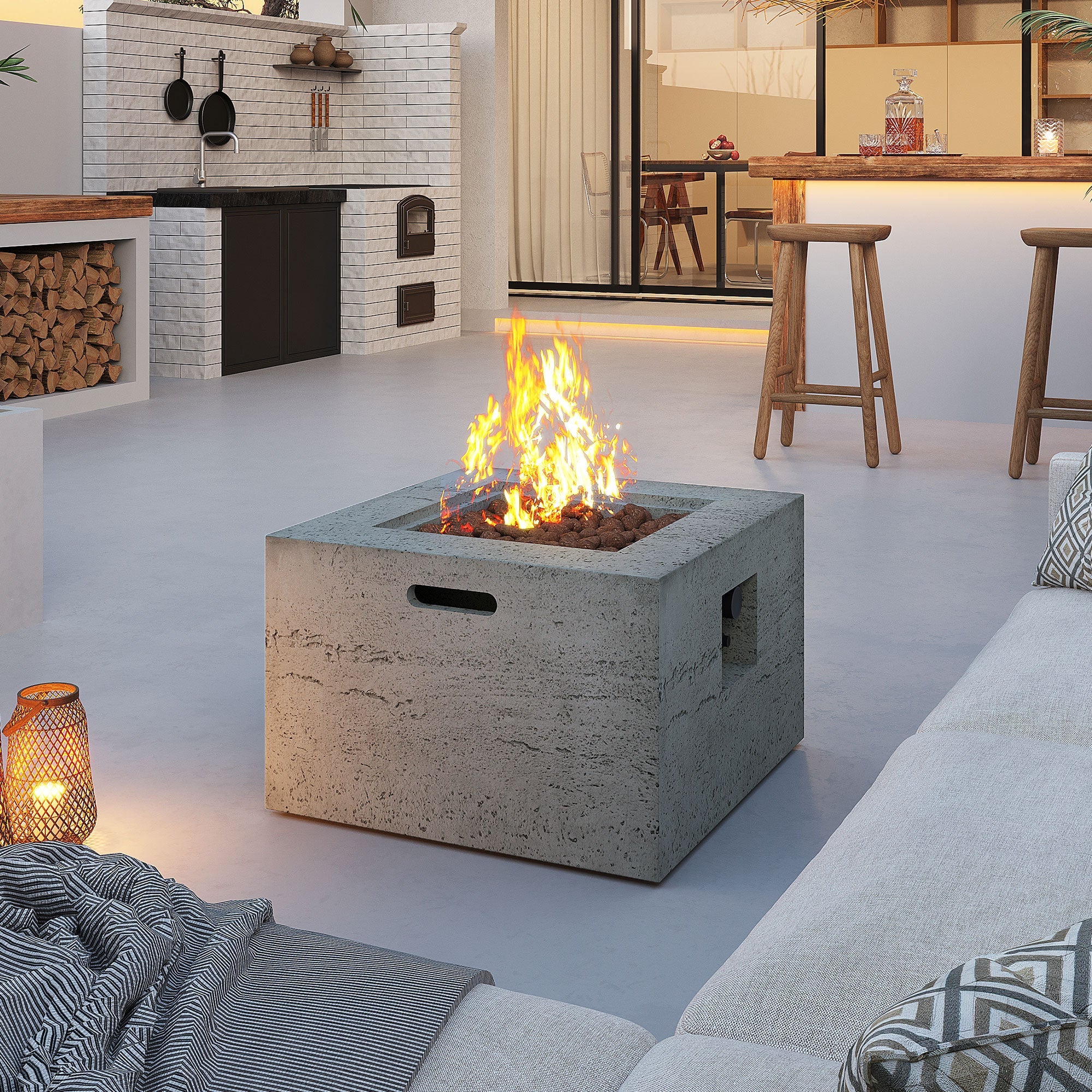 Outdoor Square Fire Pit with Steel Burner, Lava Rocks and Cover